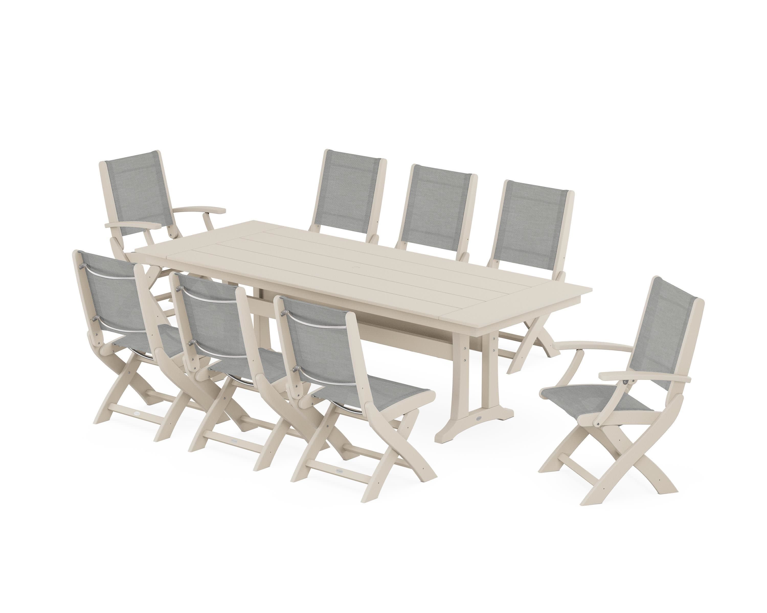 Coastal 9-Piece Folding Dining Chair Farmhouse Dining Set with Trestle Legs in Sand / Metallic Sling