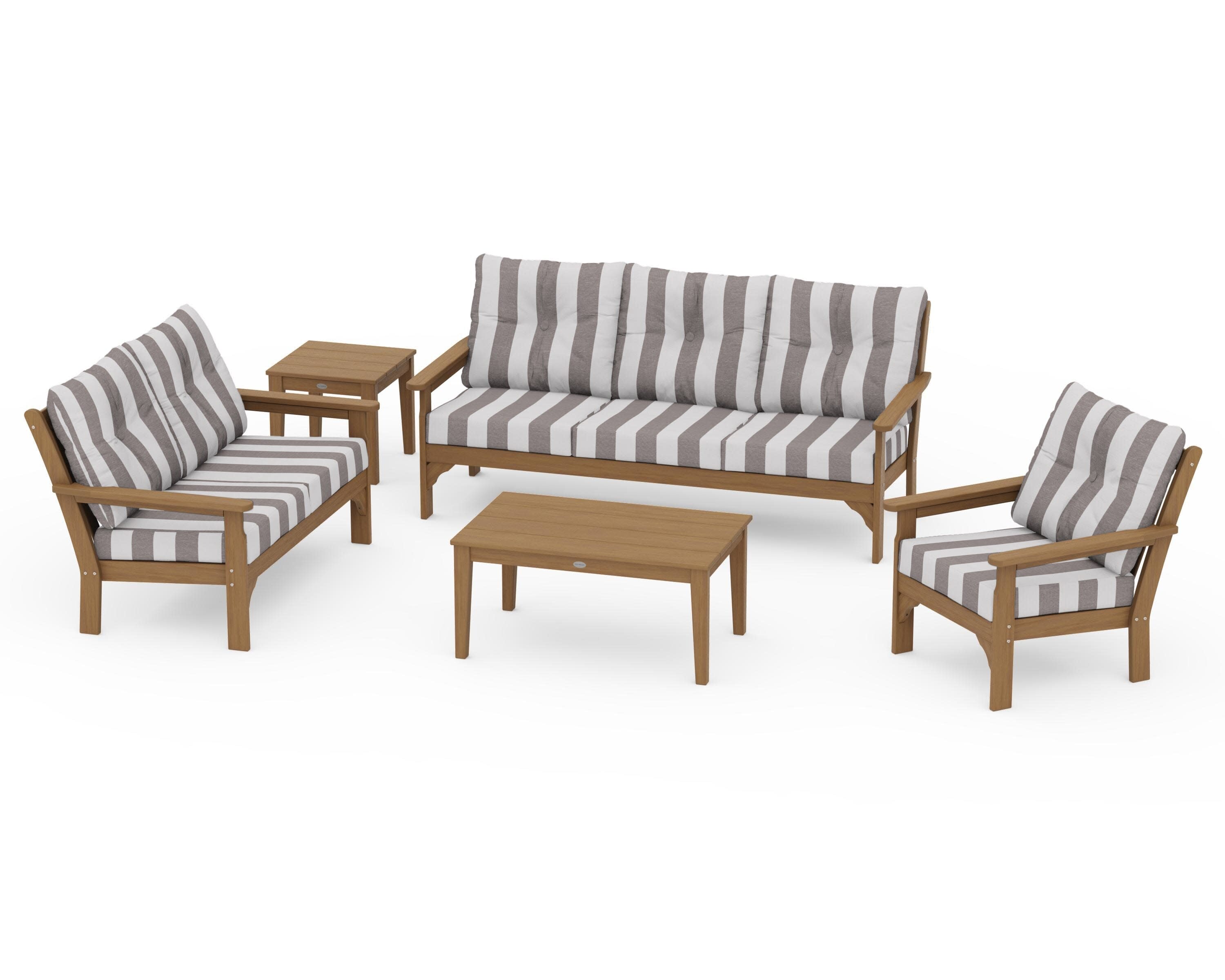 Vineyard 5 Piece Deep Seating Set in Natural / Cabana Stripe Grey Mist