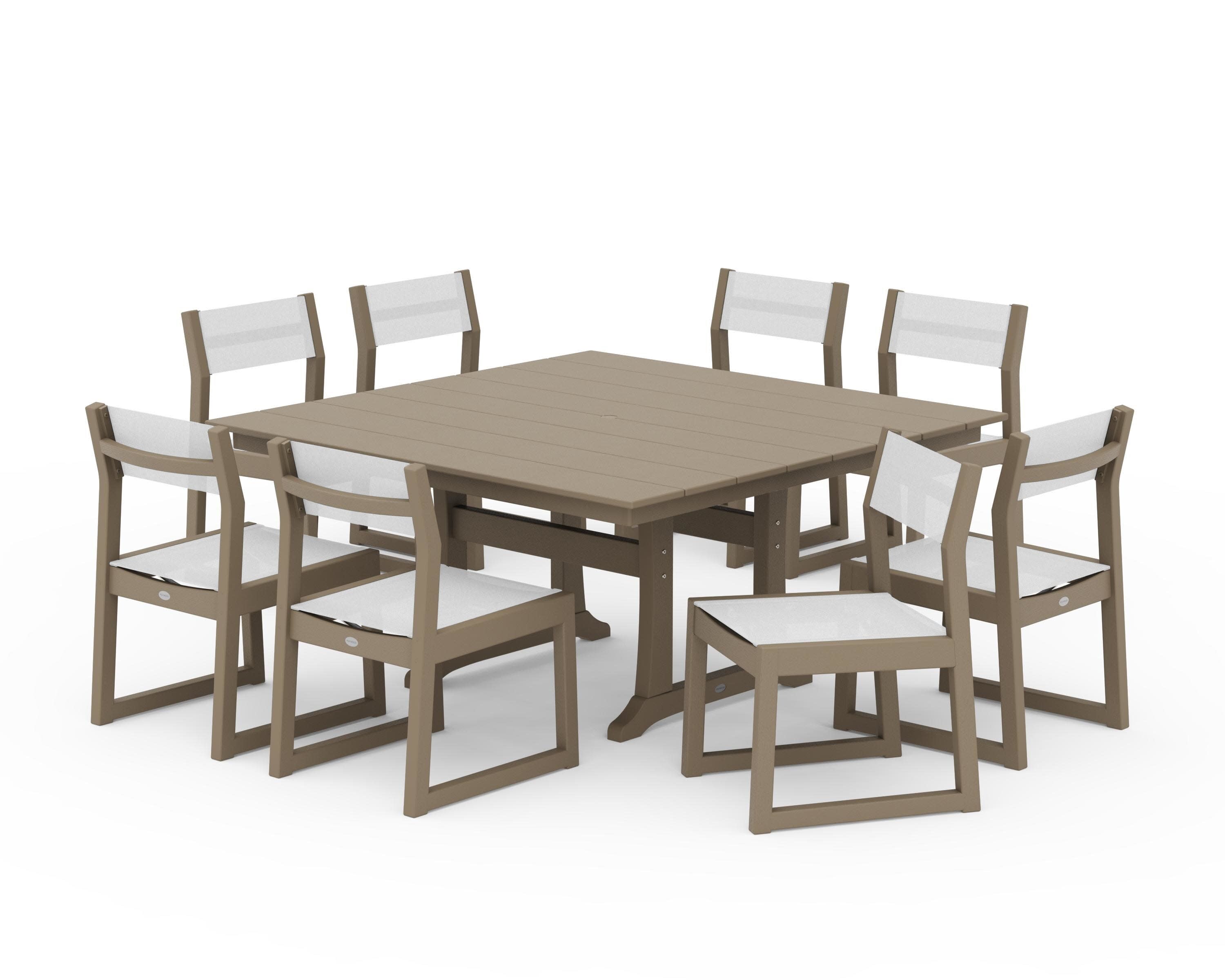 EDGE Sling Side Chair 9-Piece Farmhouse Trestle Dining Set in Vintage Sahara / White Sling