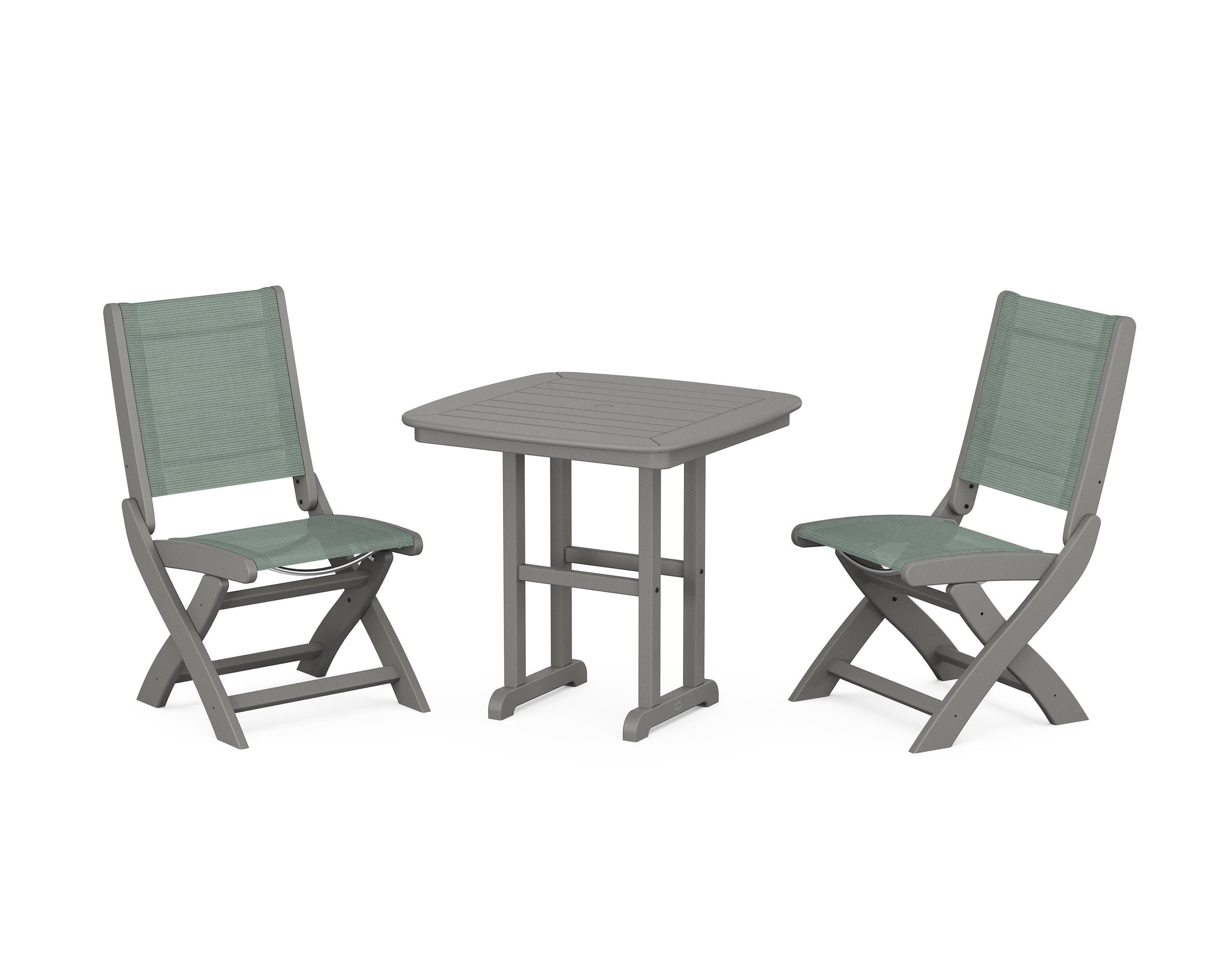 Coastal Folding Side Chair 3-Piece Dining Set in Slate Grey / Dupioni Sea Mist Sling
