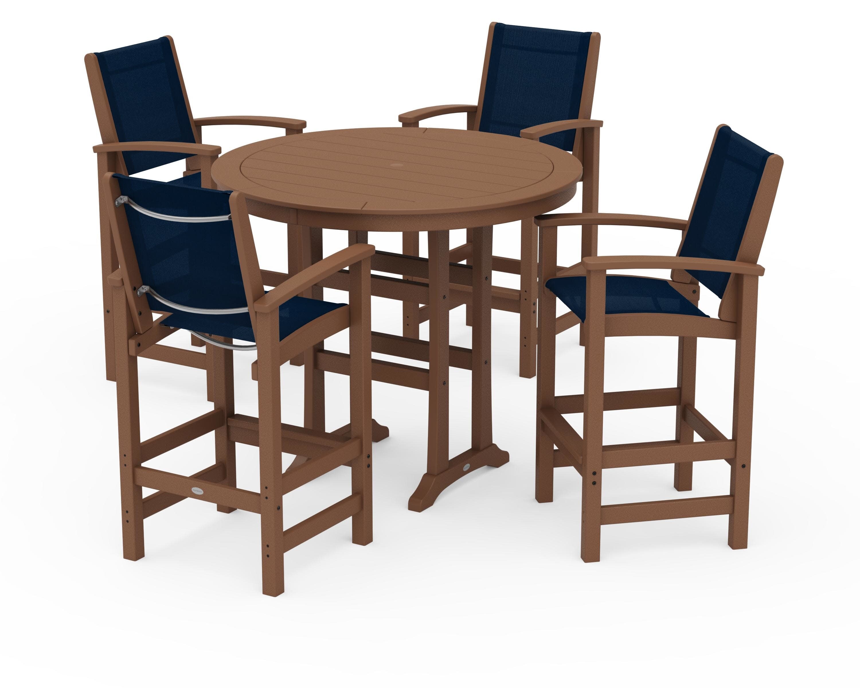 Coastal 5-Piece Nautical Trestle Bar Set in Teak / Navy Blue Sling