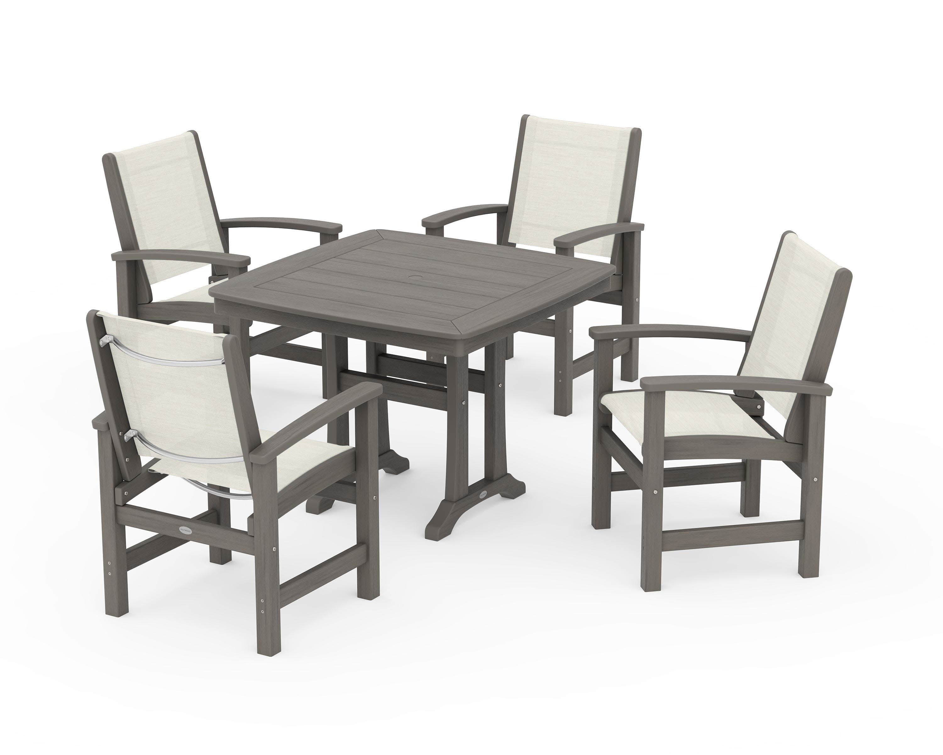 Coastal 5-Piece Dining Set with Trestle Legs in Driftwood / Parchment Sling