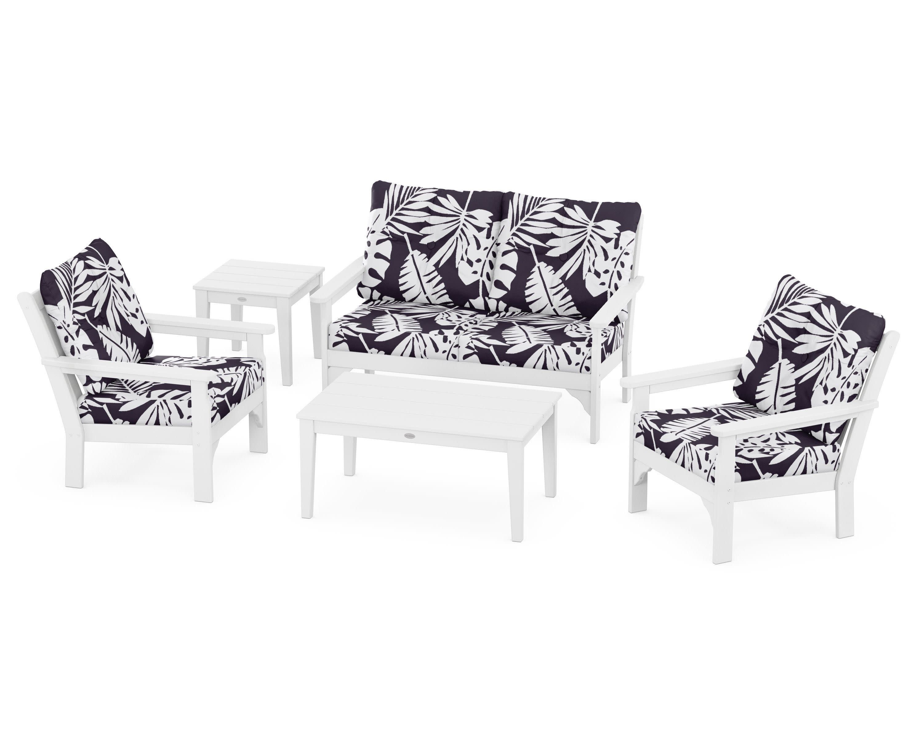 Vineyard 5-Piece Deep Seating Set in White / Leaf Navy