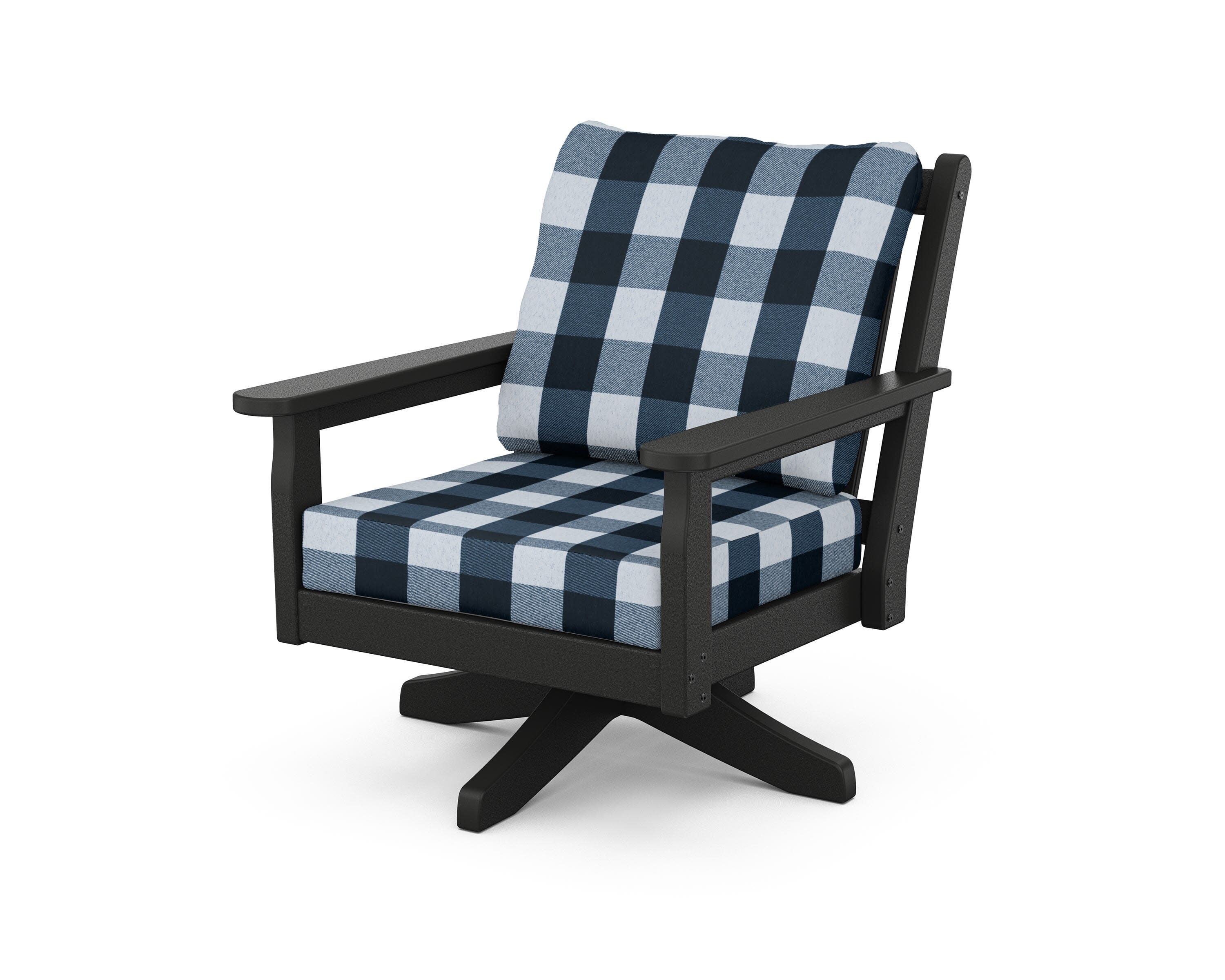 Chippendale Deep Seating Swivel Chair in Black / Buffalo Plaid Marine Indigo