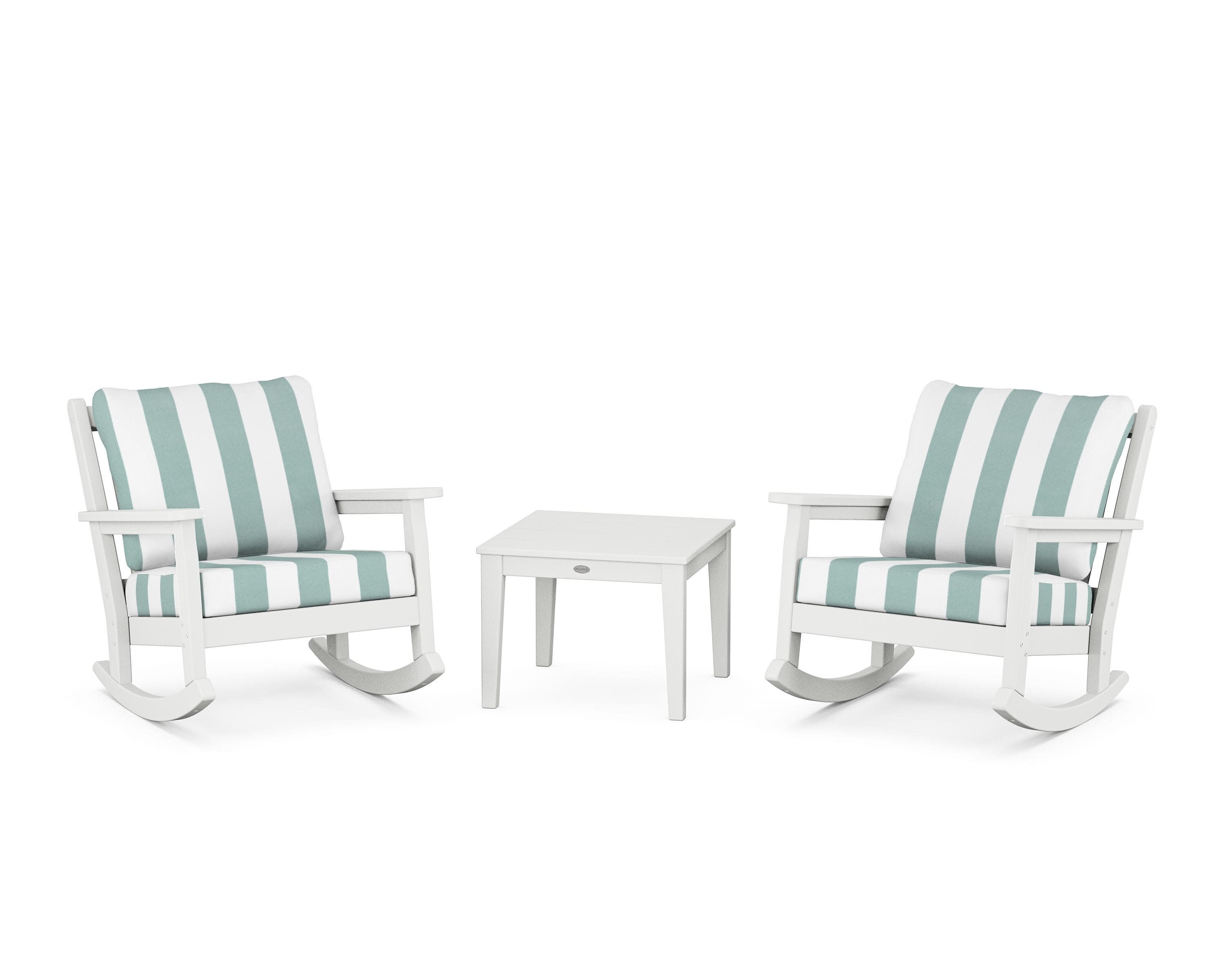 Chippendale 3-Piece Deep Seating Rocker Set in White / Cabana Stripe Glacier Spa