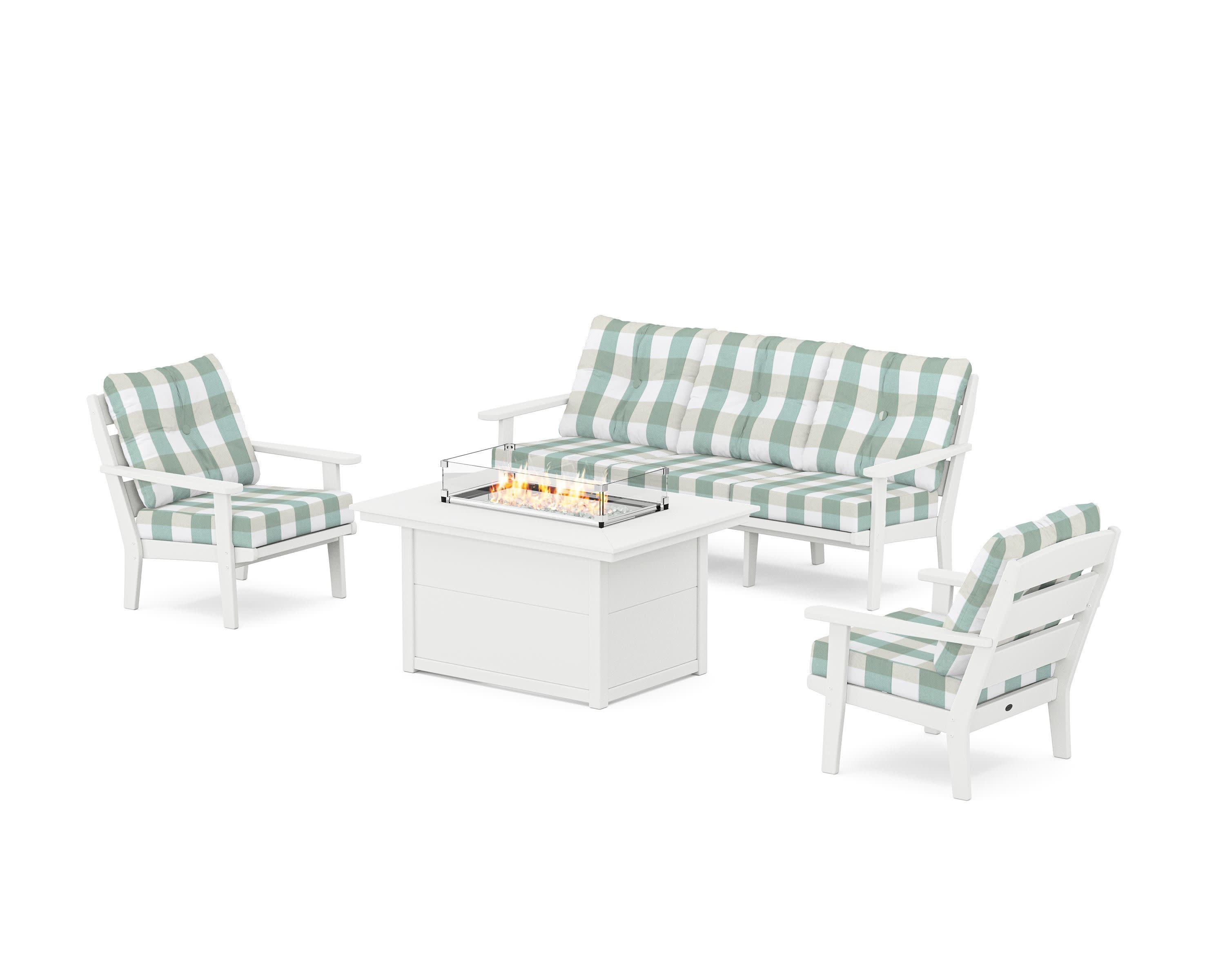 Lakeside Deep Seating Fire Pit Table Set in White / Buffalo Plaid Glacier Spa