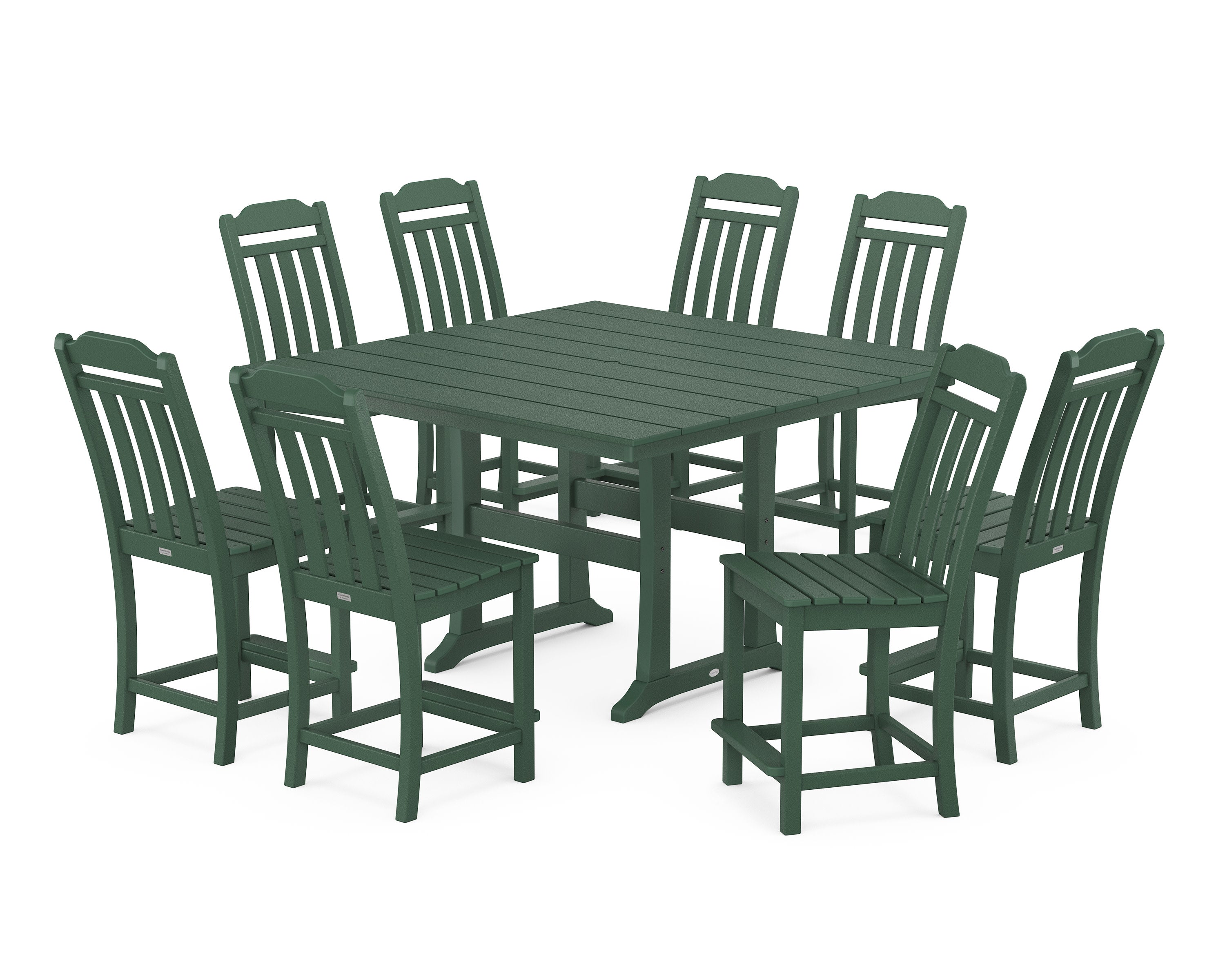 Cottage 9-Piece Square Farmhouse Side Chair Counter Set with Trestle Legs in Green