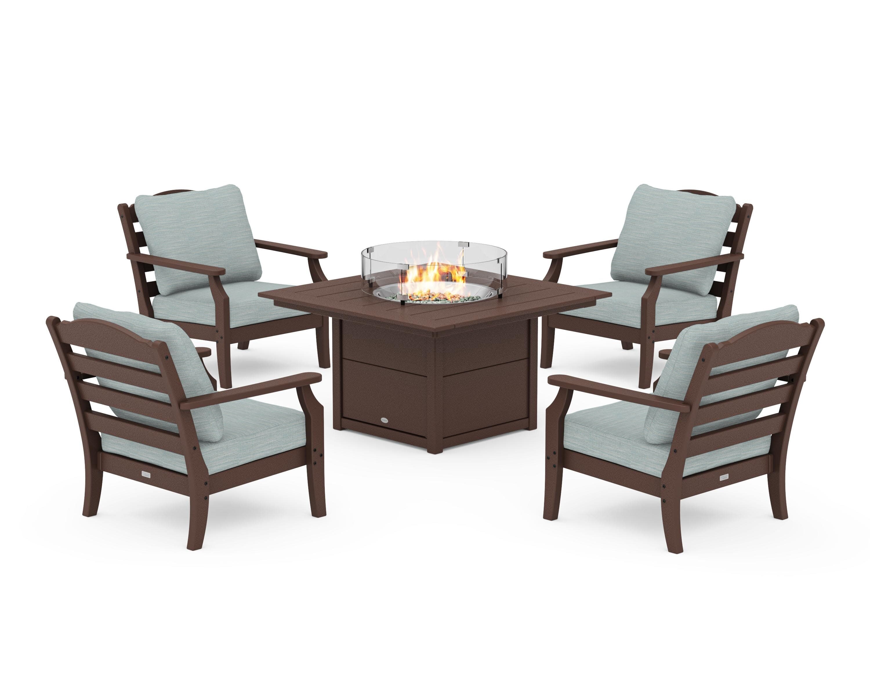 Savannah 5-Piece Deep Seating Set with Fire Pit Table in Mahogany / Soothe Mist