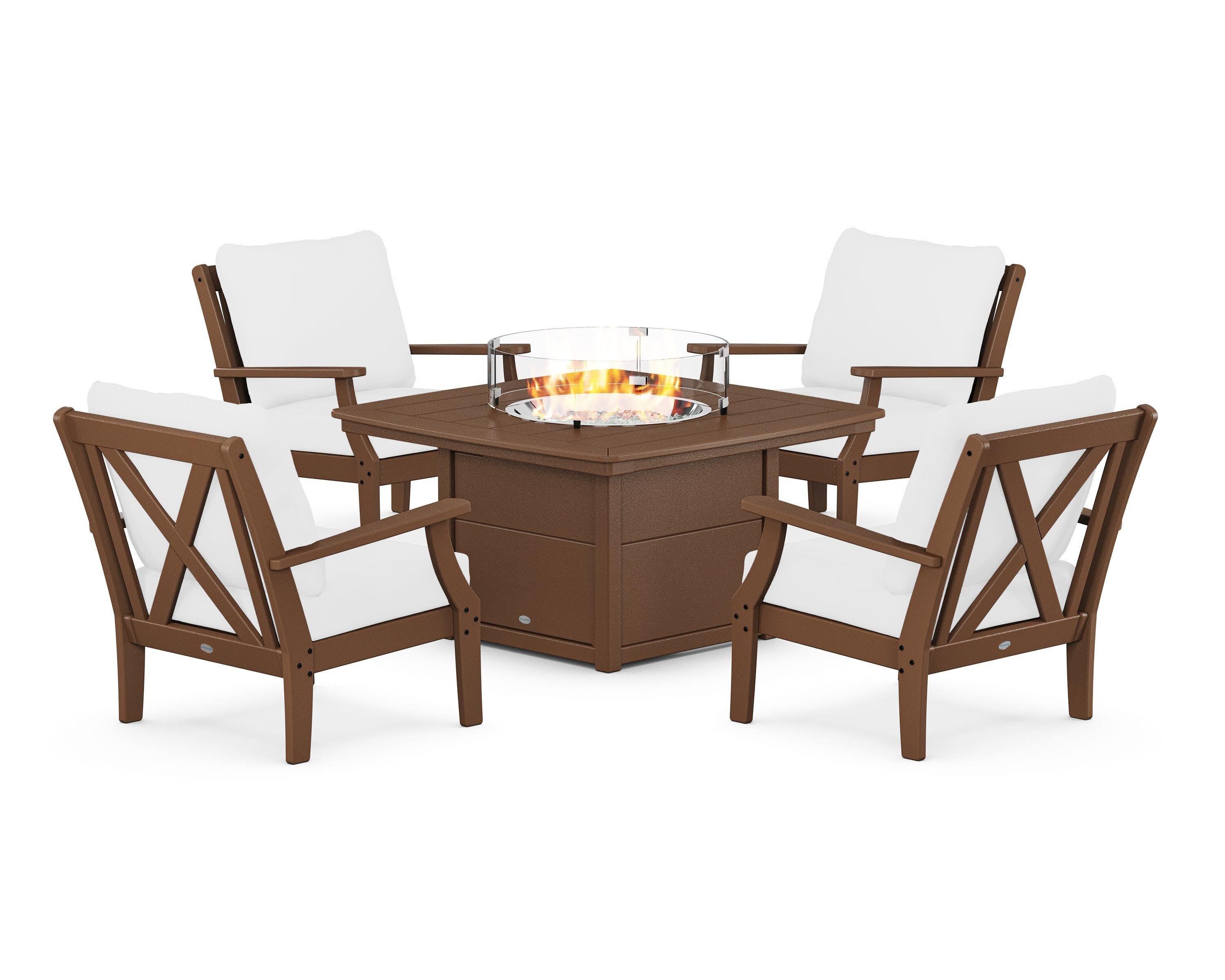 Braxton 5-Piece Deep Seating Conversation Set with Fire Pit Table in Teak / Natural
