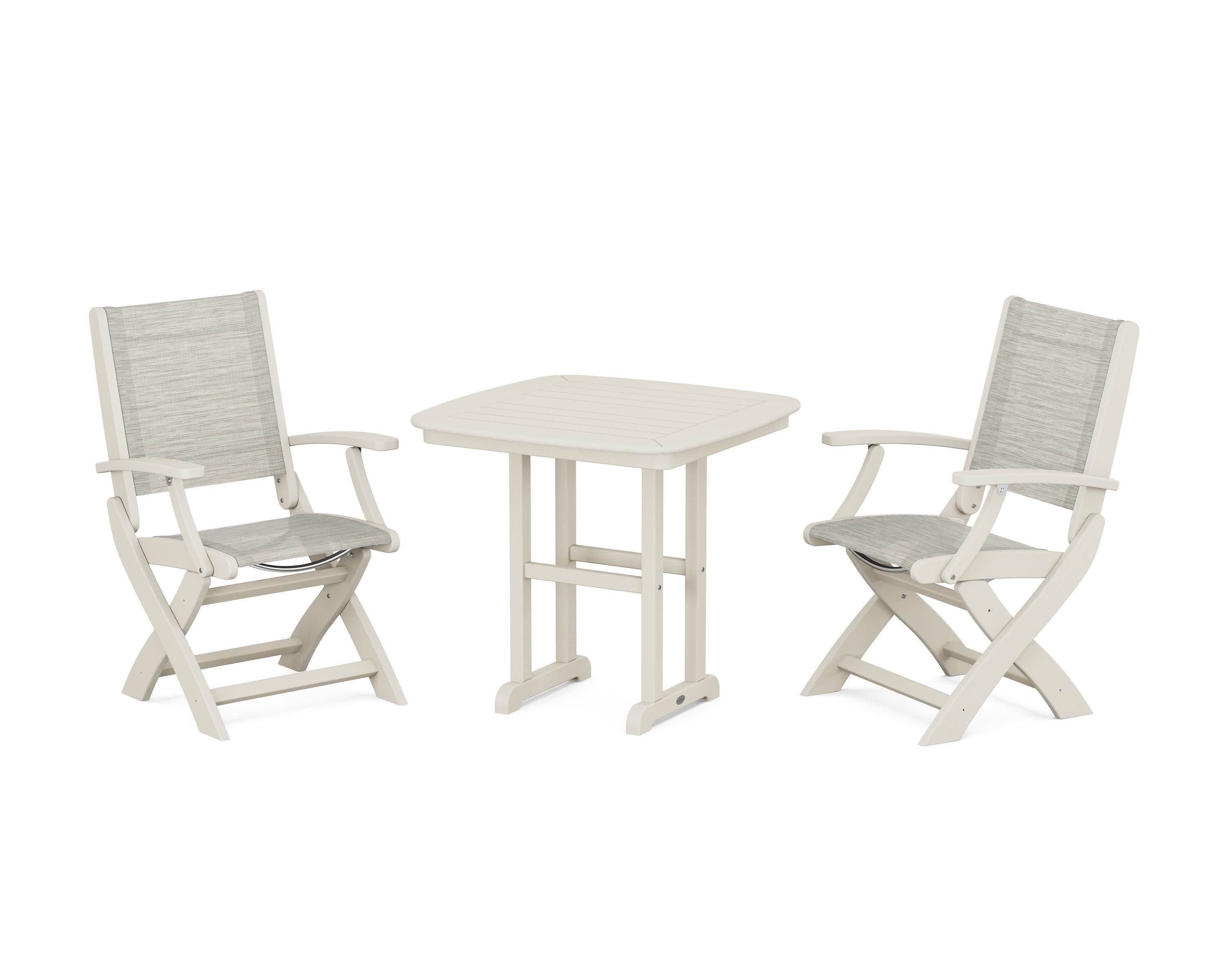 Coastal Folding Chair 3-Piece Dining Set in Sand / Birch Sling