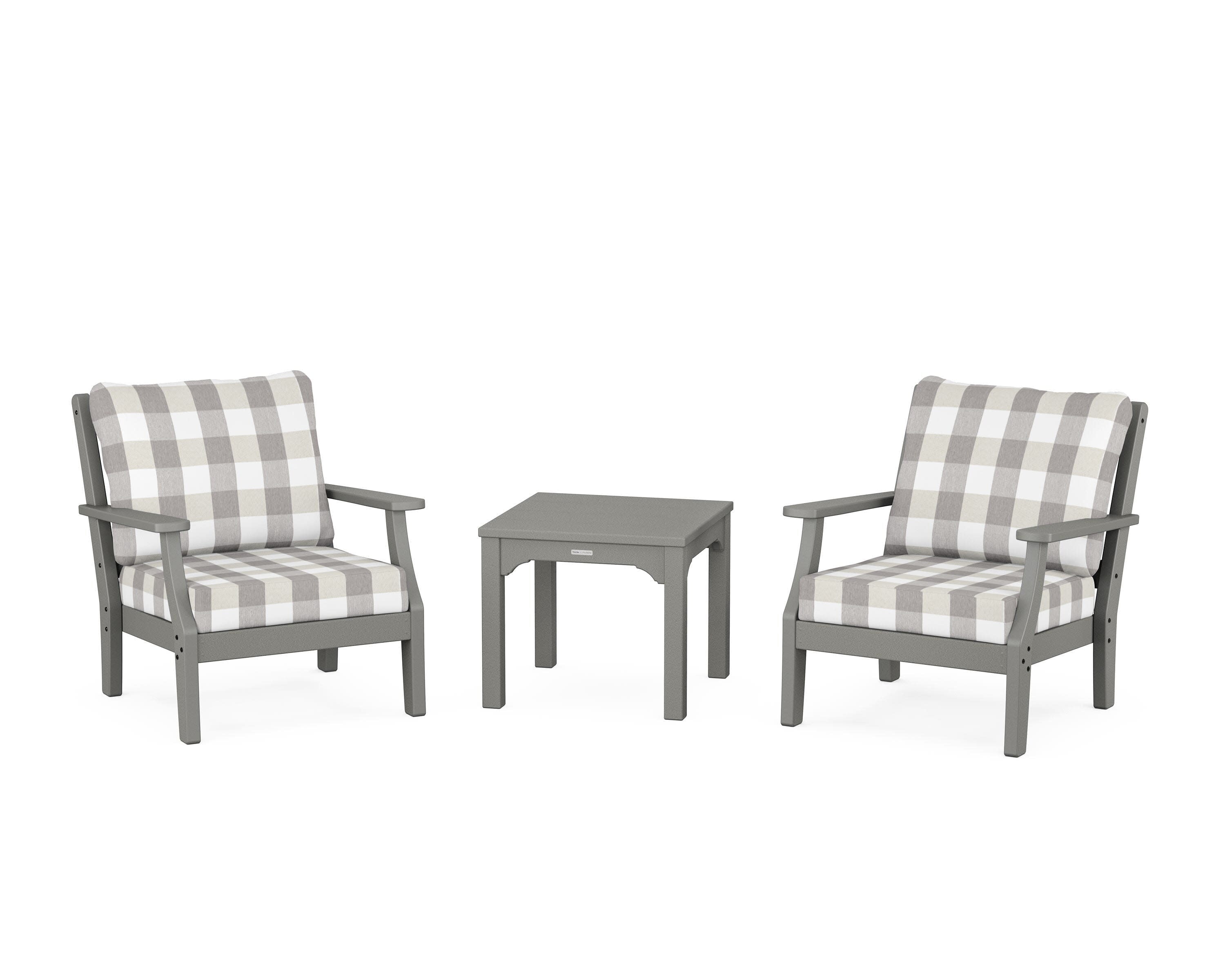 Chinoiserie 3-Piece Deep Seating Set in Slate Grey / Buffalo Plaid Grey Mist