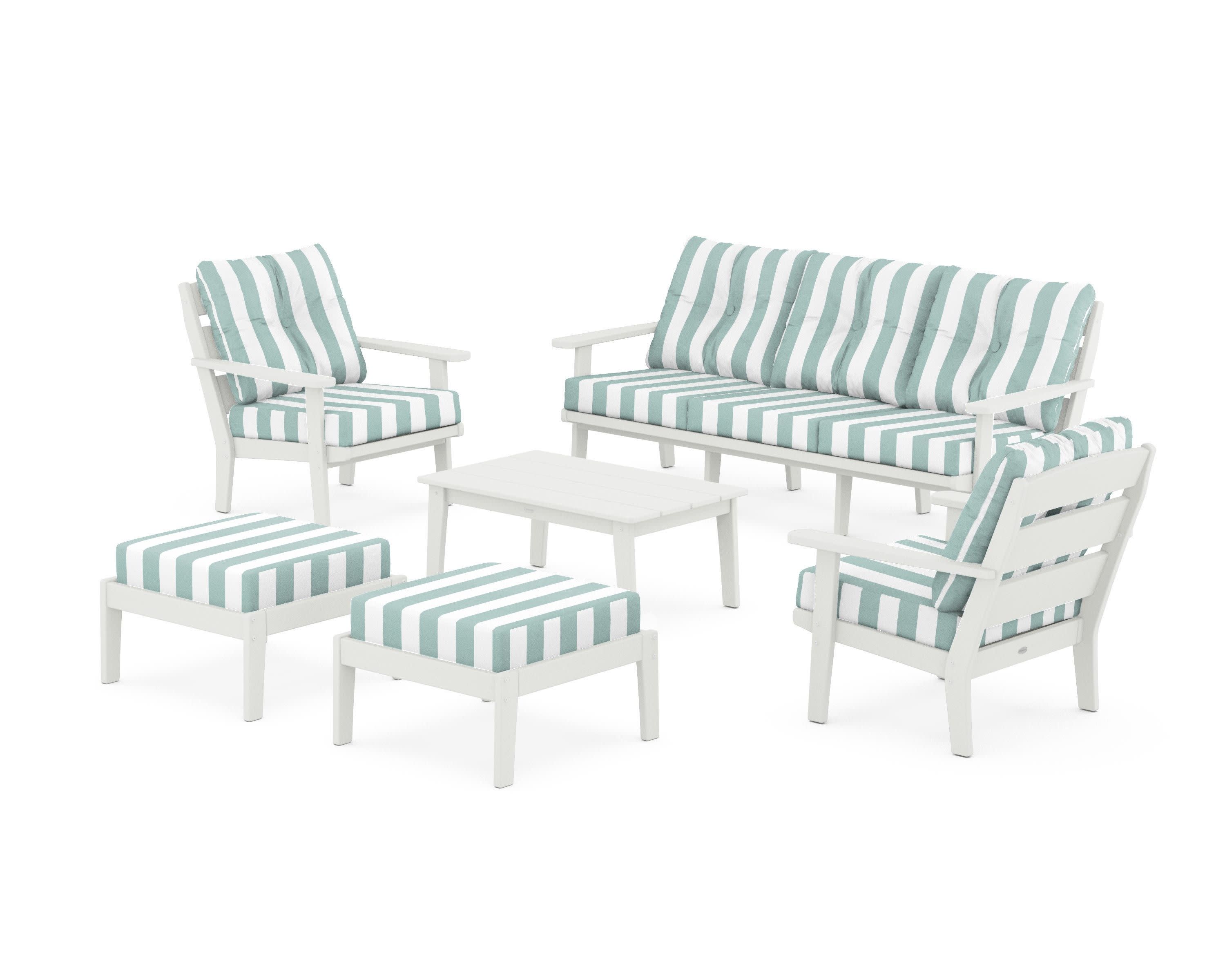 Lakeside 6-Piece Lounge Sofa Set in Vintage White / Cabana Stripe Glacier Spa