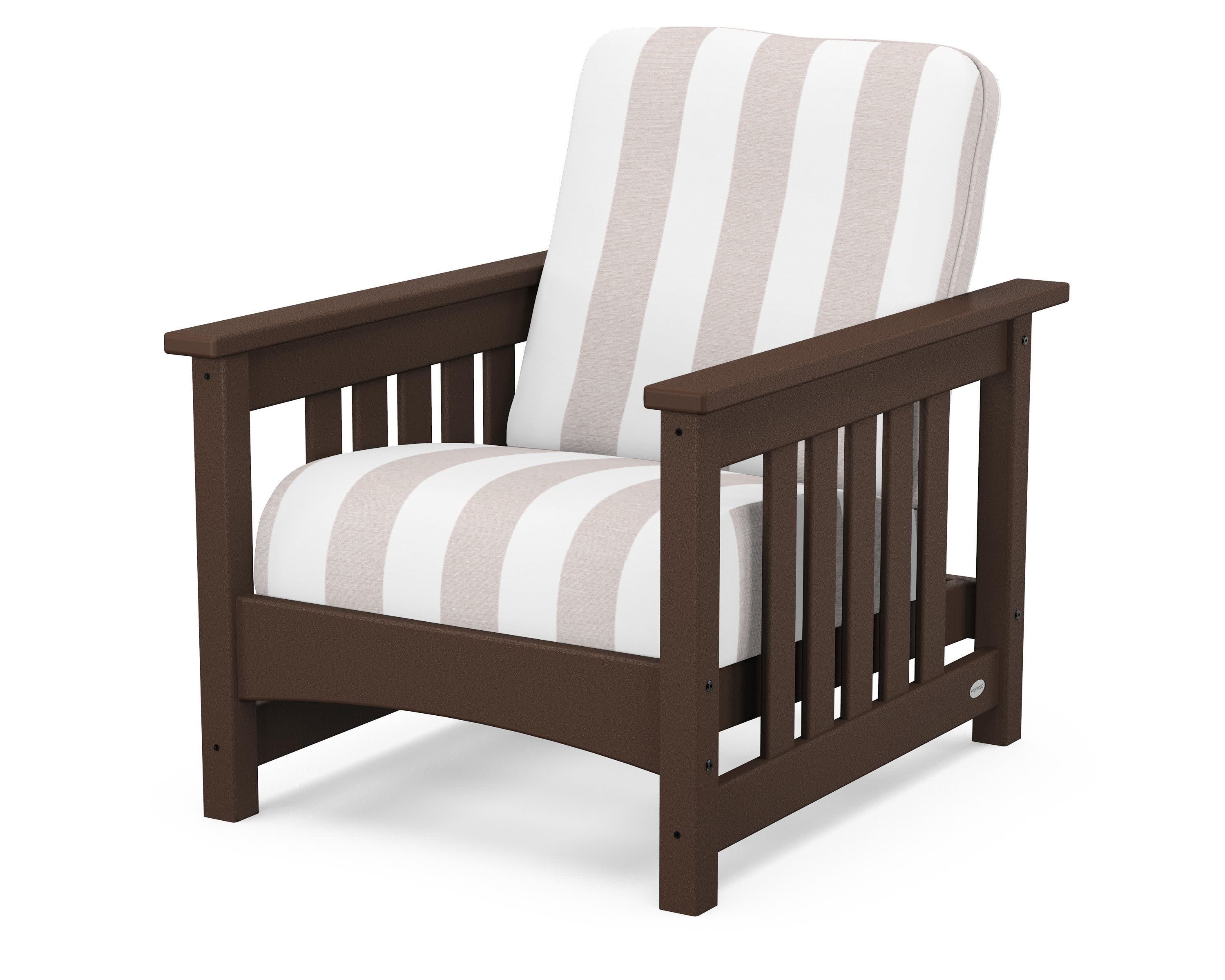 Club Mission Chair in Mahogany / Cabana Stripe Dune Burlap