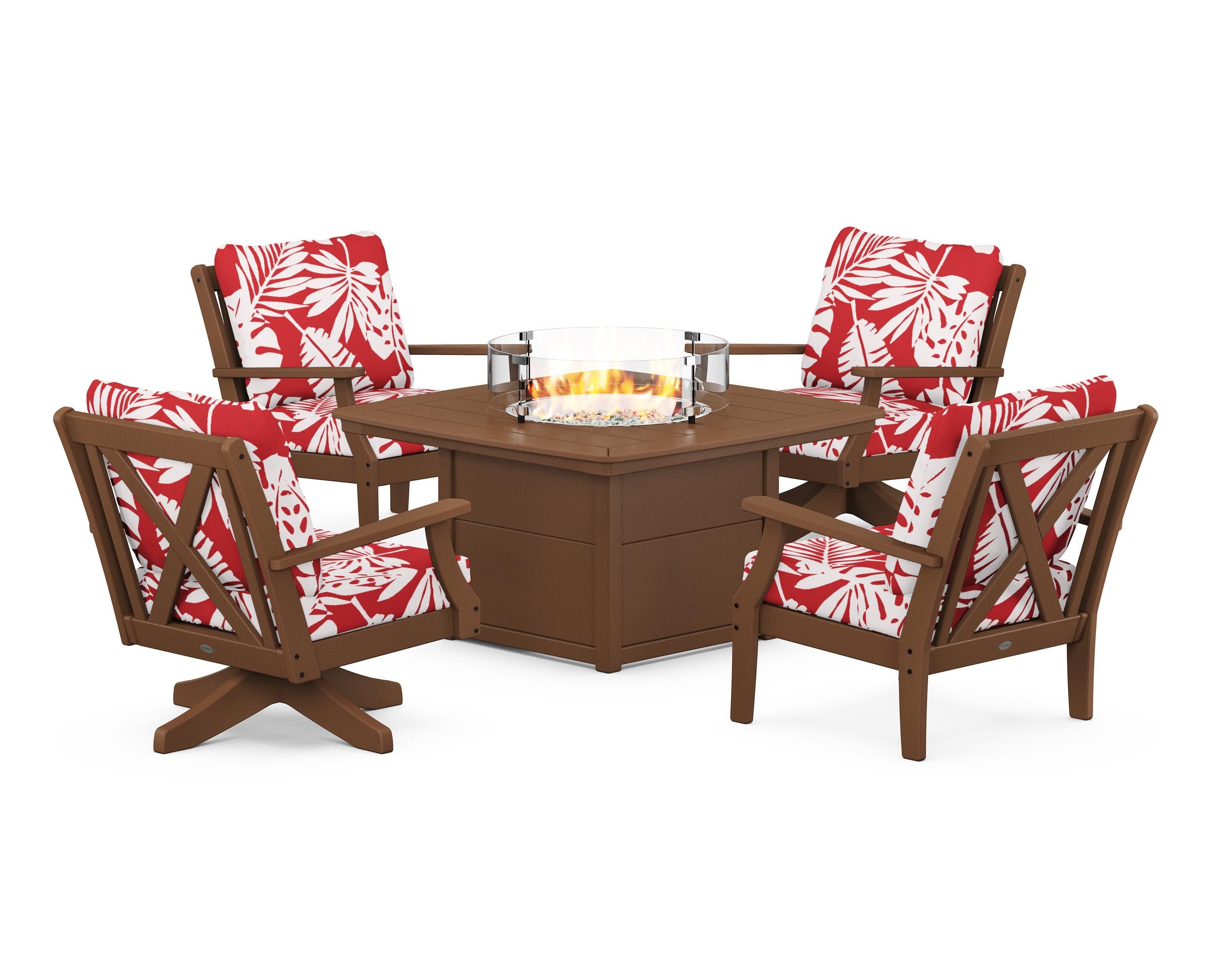 Braxton 5-Piece Deep Seating Set with Fire Table in Teak / Leaf Crimson