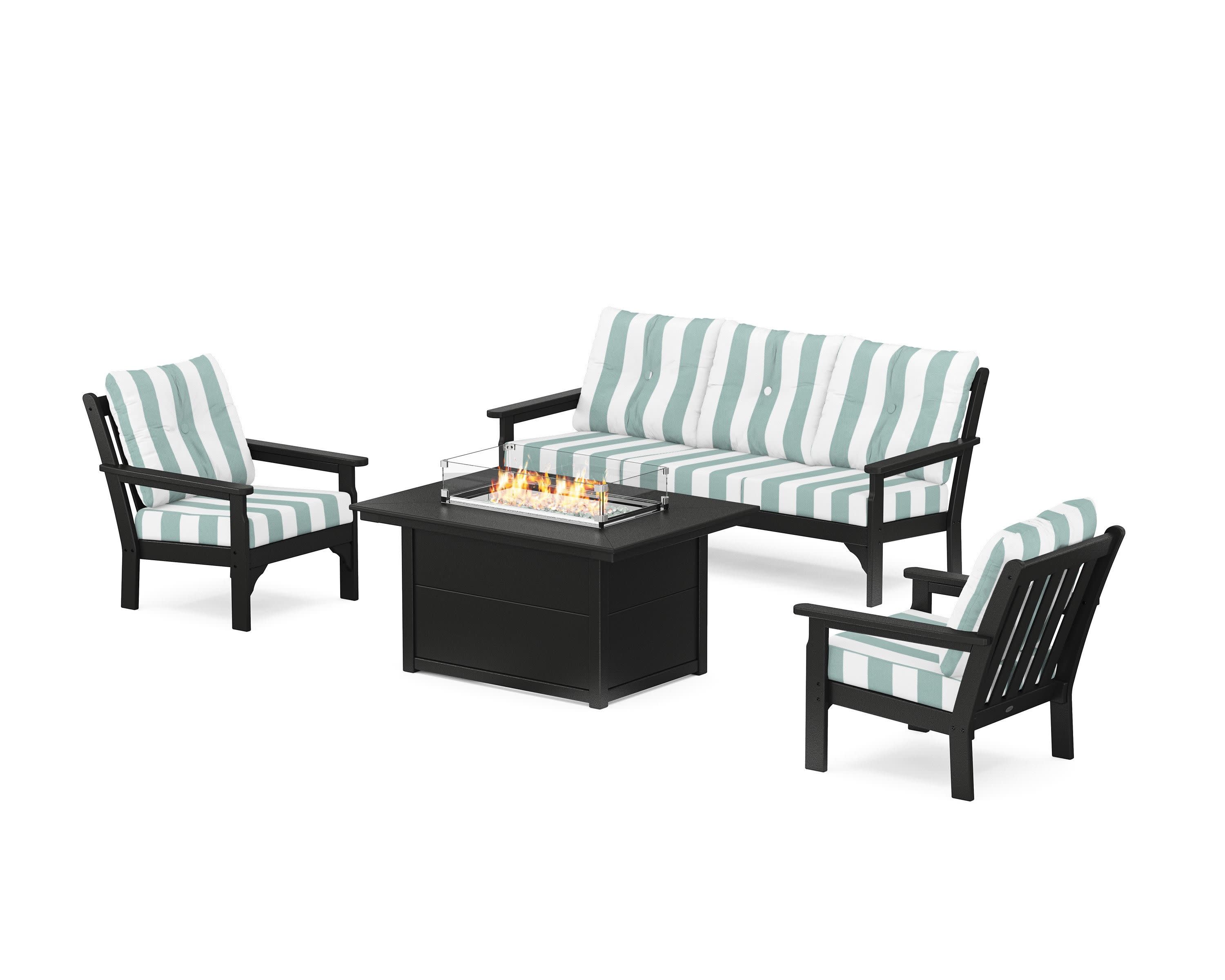 Vineyard Deep Seating Fire Pit Table Set in Black / Cabana Stripe Glacier Spa