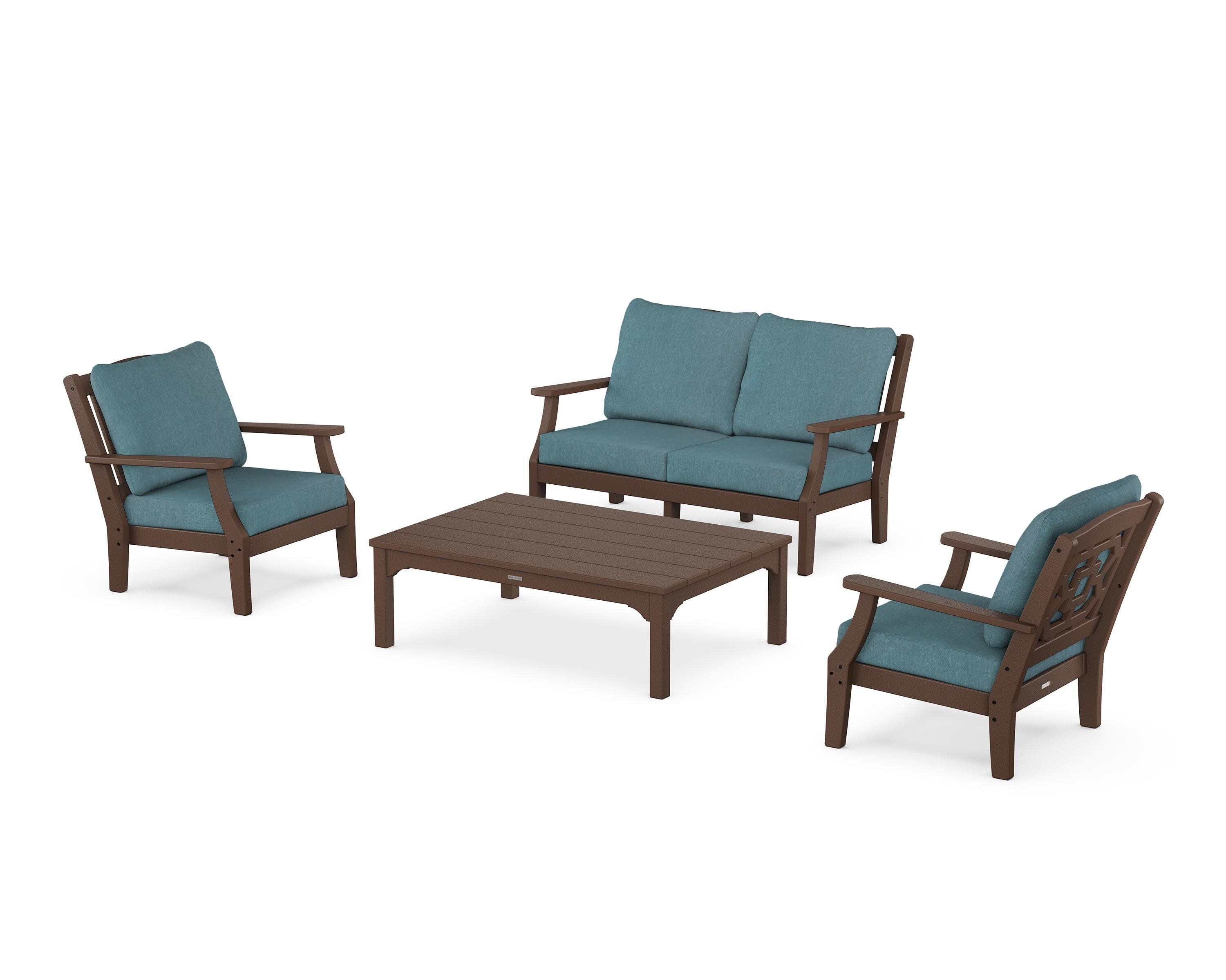Chinoiserie 4-Piece Deep Seating Set with Loveseat in Mahogany / Ocean Teal