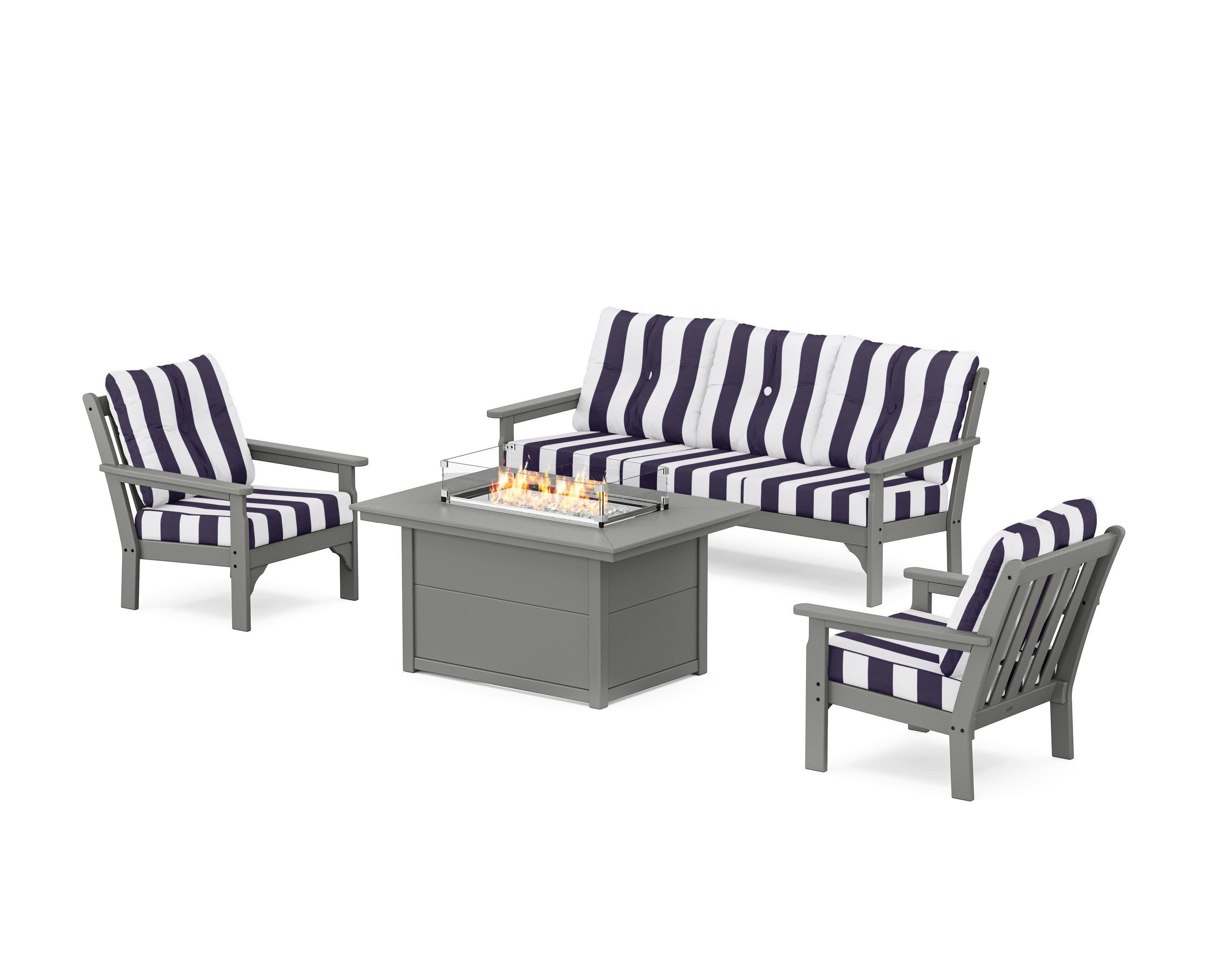 Vineyard Deep Seating Fire Pit Table Set in Slate Grey / Cabana Stripe Navy
