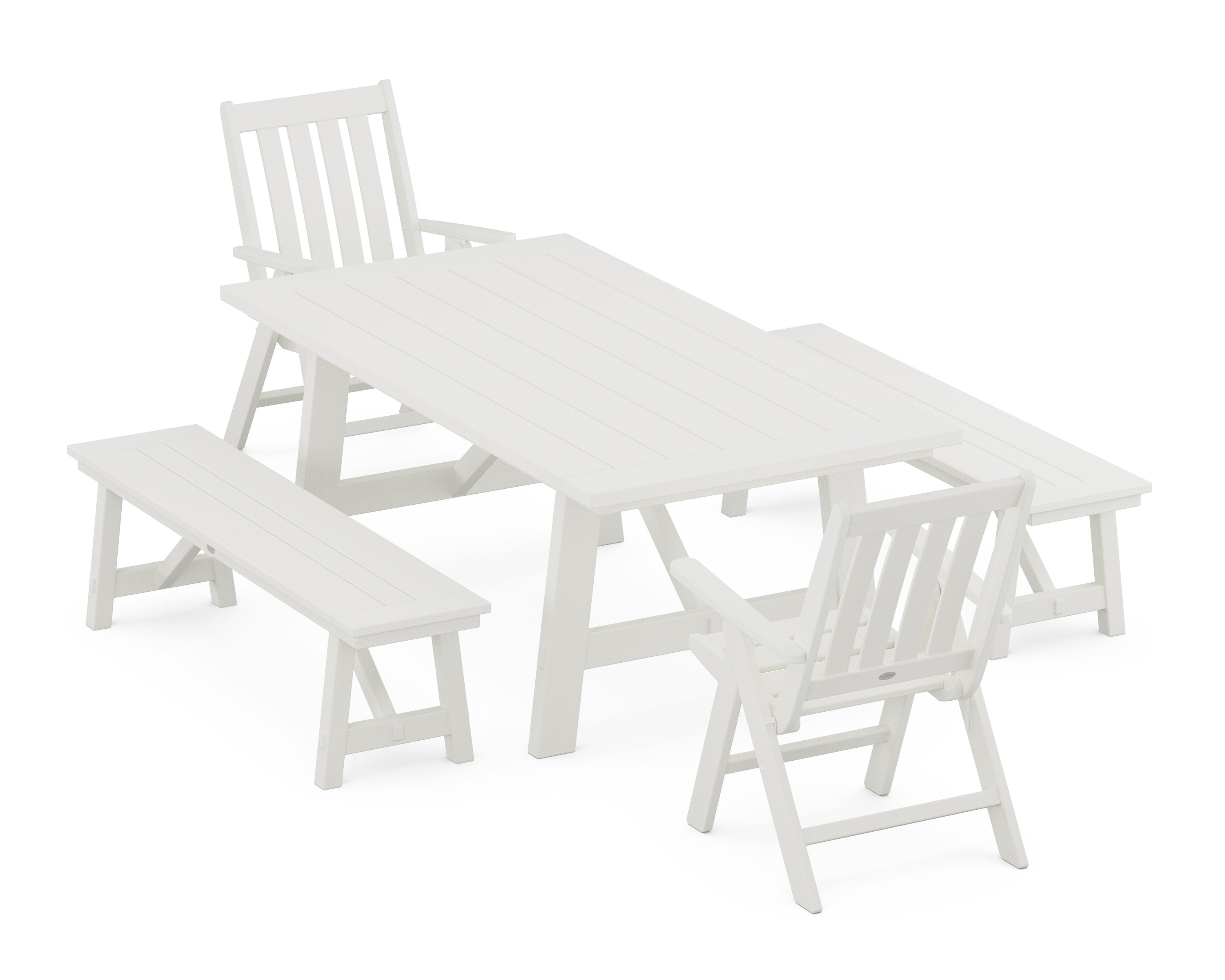 Vineyard Folding Chair 5-Piece Rustic Farmhouse Dining Set With Benches in Vintage White