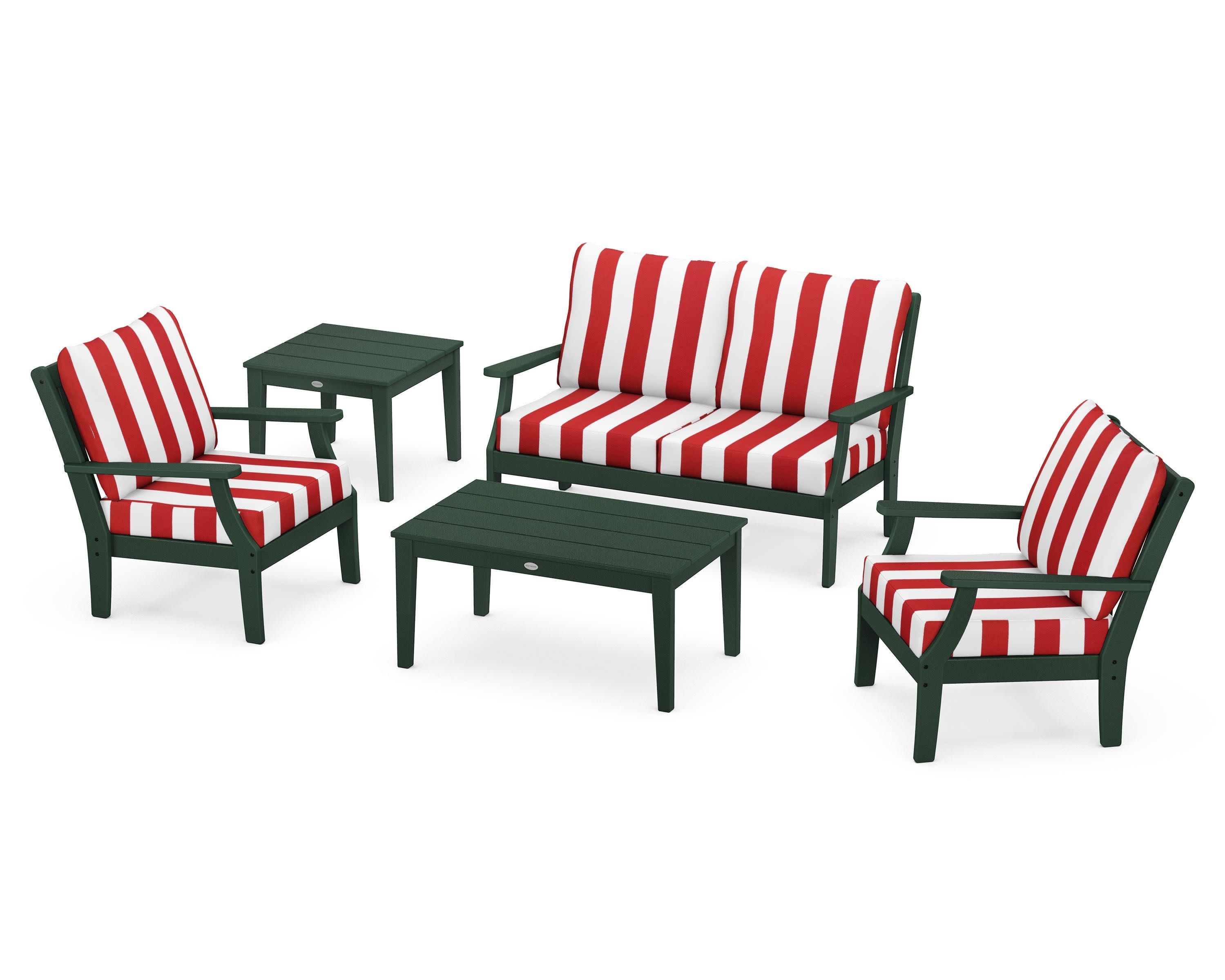 Braxton 5-Piece Deep Seating Set in Green / Cabana Stripe Crimson