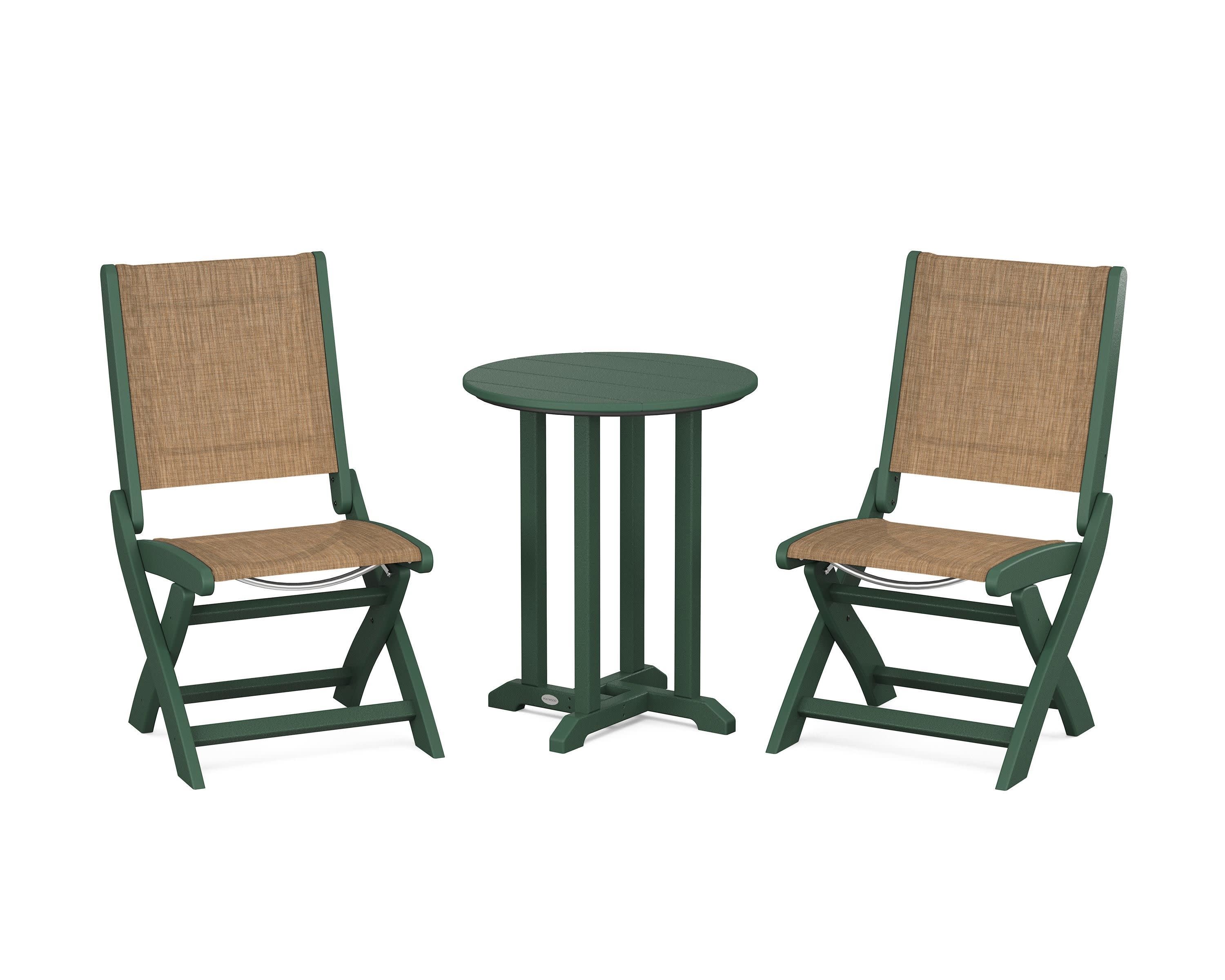 Coastal Folding Side Chair 3-Piece Round Bistro Dining Set in Green / Burlap Sling