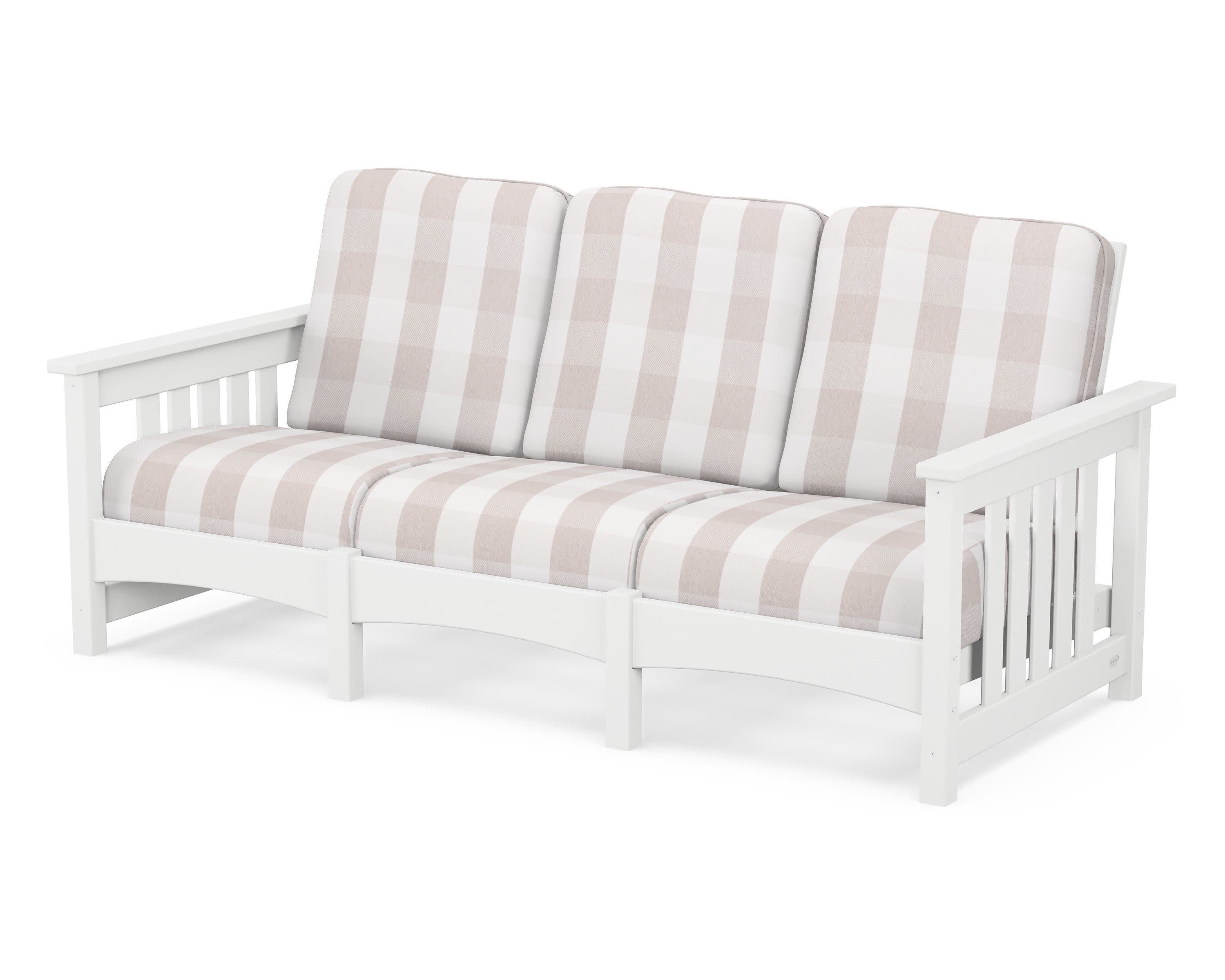 Club Mission Sofa in White / Buffalo Plaid Dune Burlap