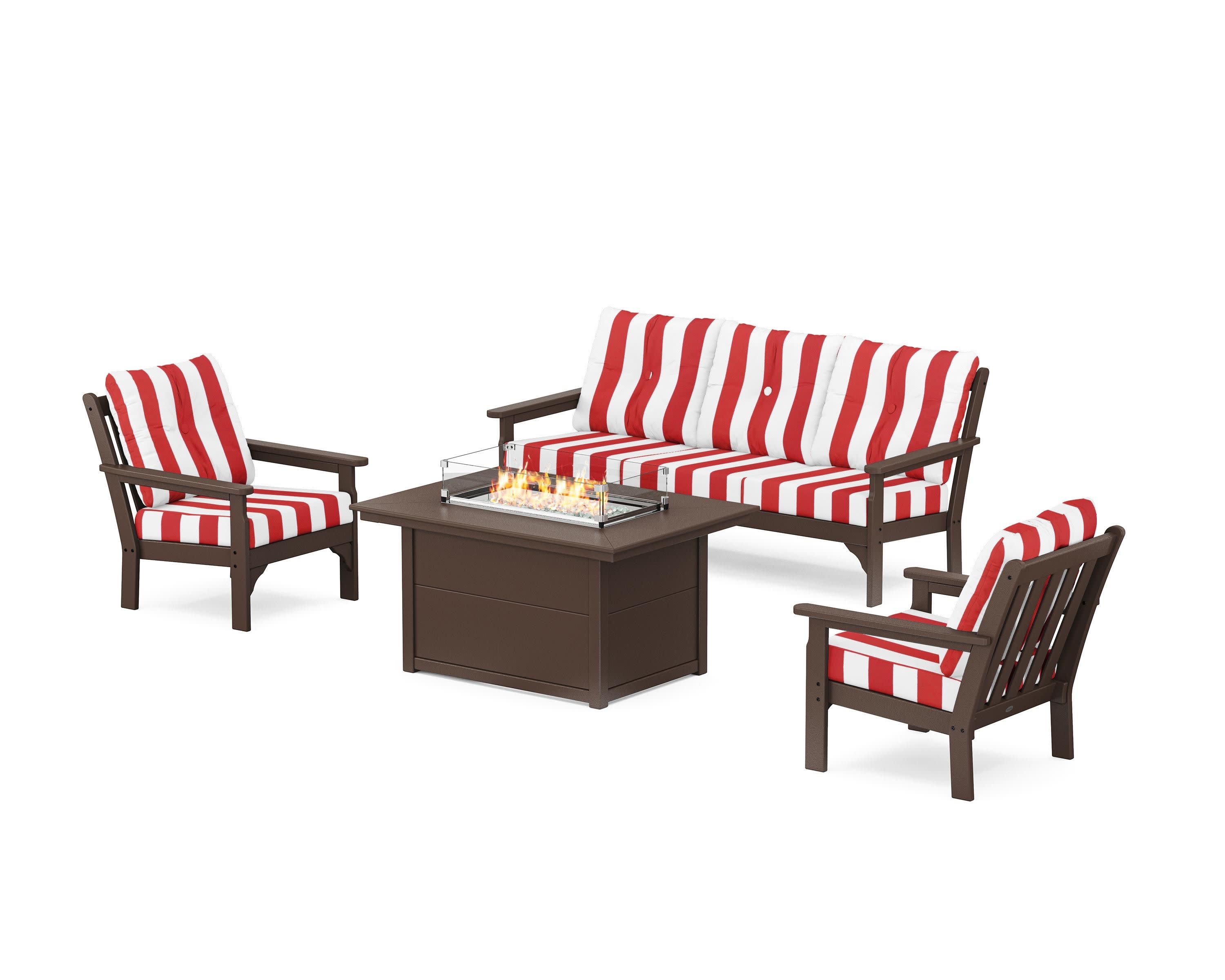 Vineyard Deep Seating Fire Pit Table Set in Mahogany / Cabana Stripe Crimson