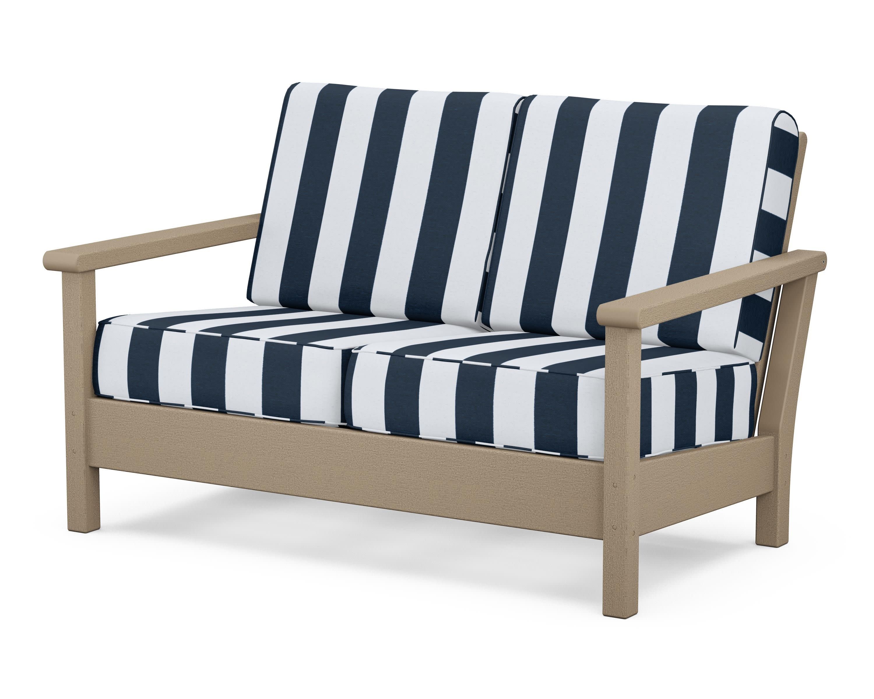 Harbour Deep Seating Loveseat in Vintage Sahara / Cabana Stripe Marine Indigo