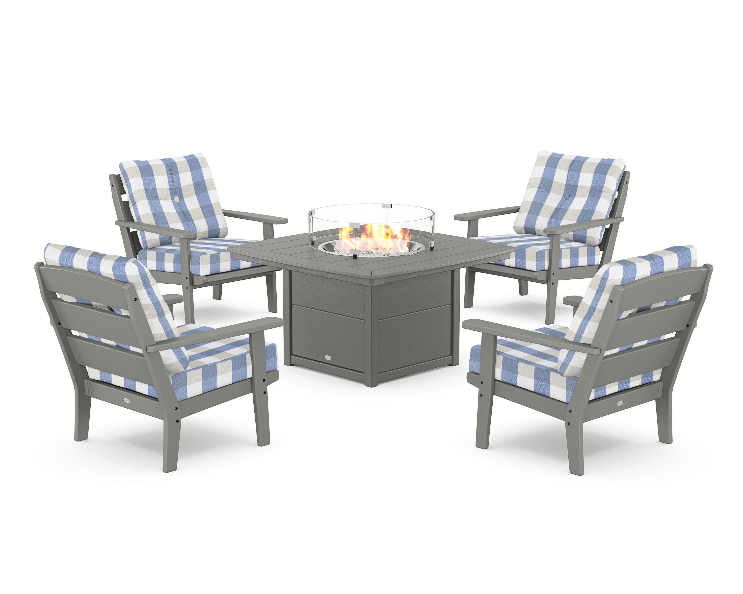 Lakeside 5-Piece Deep Seating Set with Nautical Fire Pit Table in Slate Grey / Buffalo Plaid Sky Blue