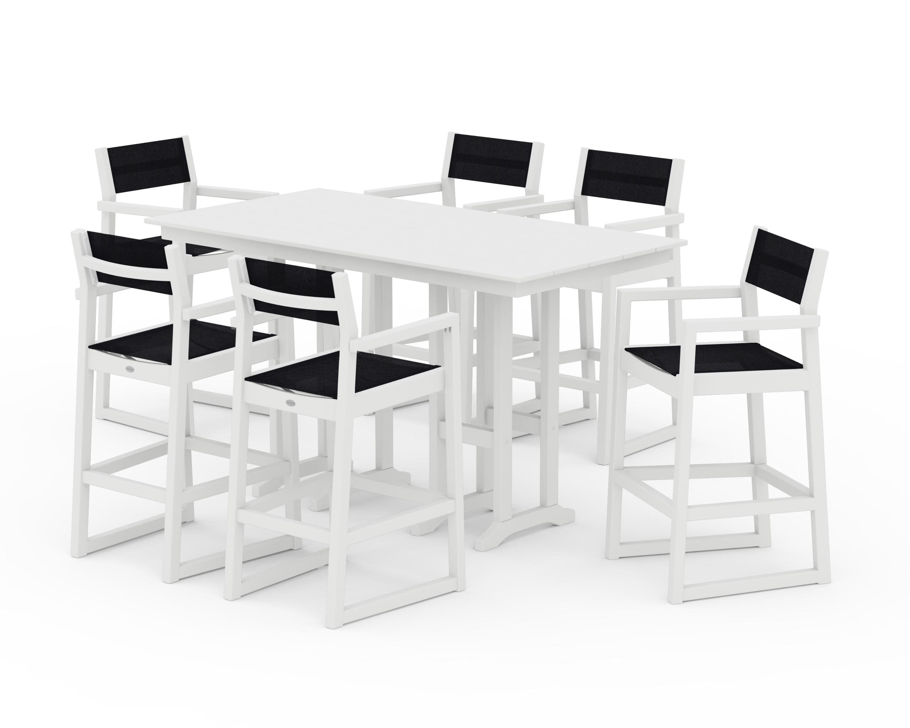 EDGE Sling Arm Chair 7-Piece Farmhouse Bar Set in White / Black Sling
