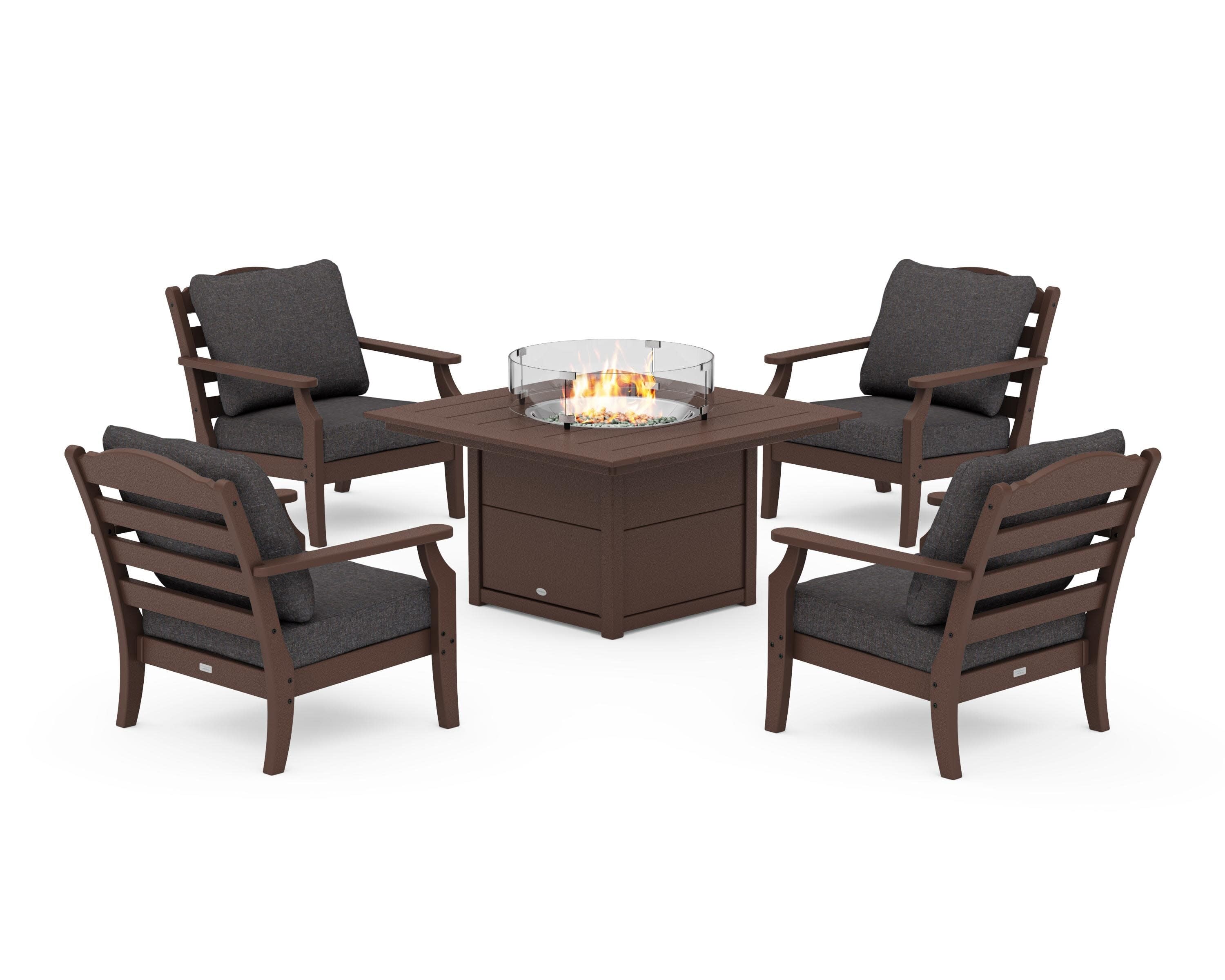 Savannah 5-Piece Deep Seating Set with Fire Pit Table in Mahogany / Ash Charcoal