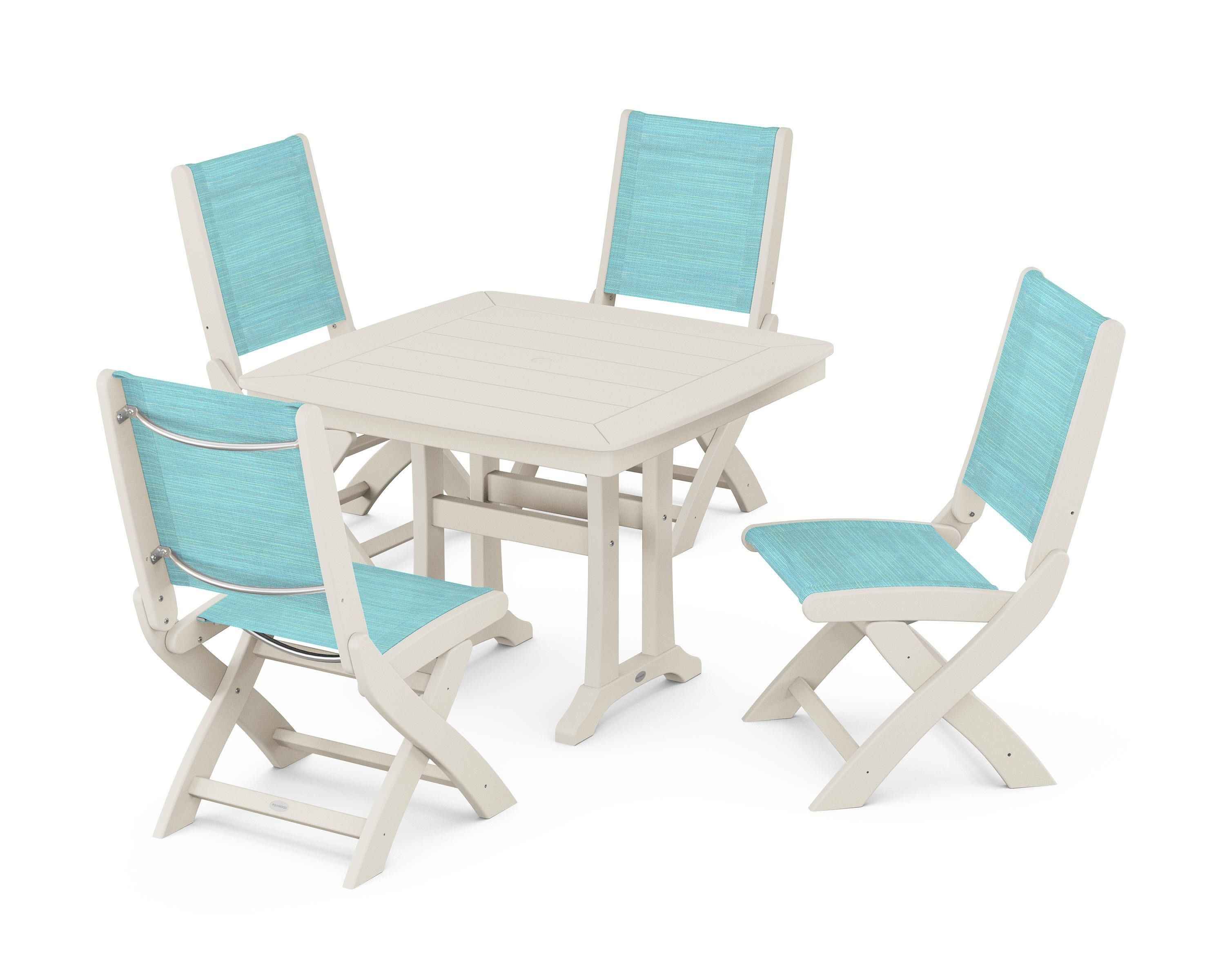 Coastal Folding Side Chair 5-Piece Dining Set with Trestle Legs in Sand / Dupioni Aquamarine Sling