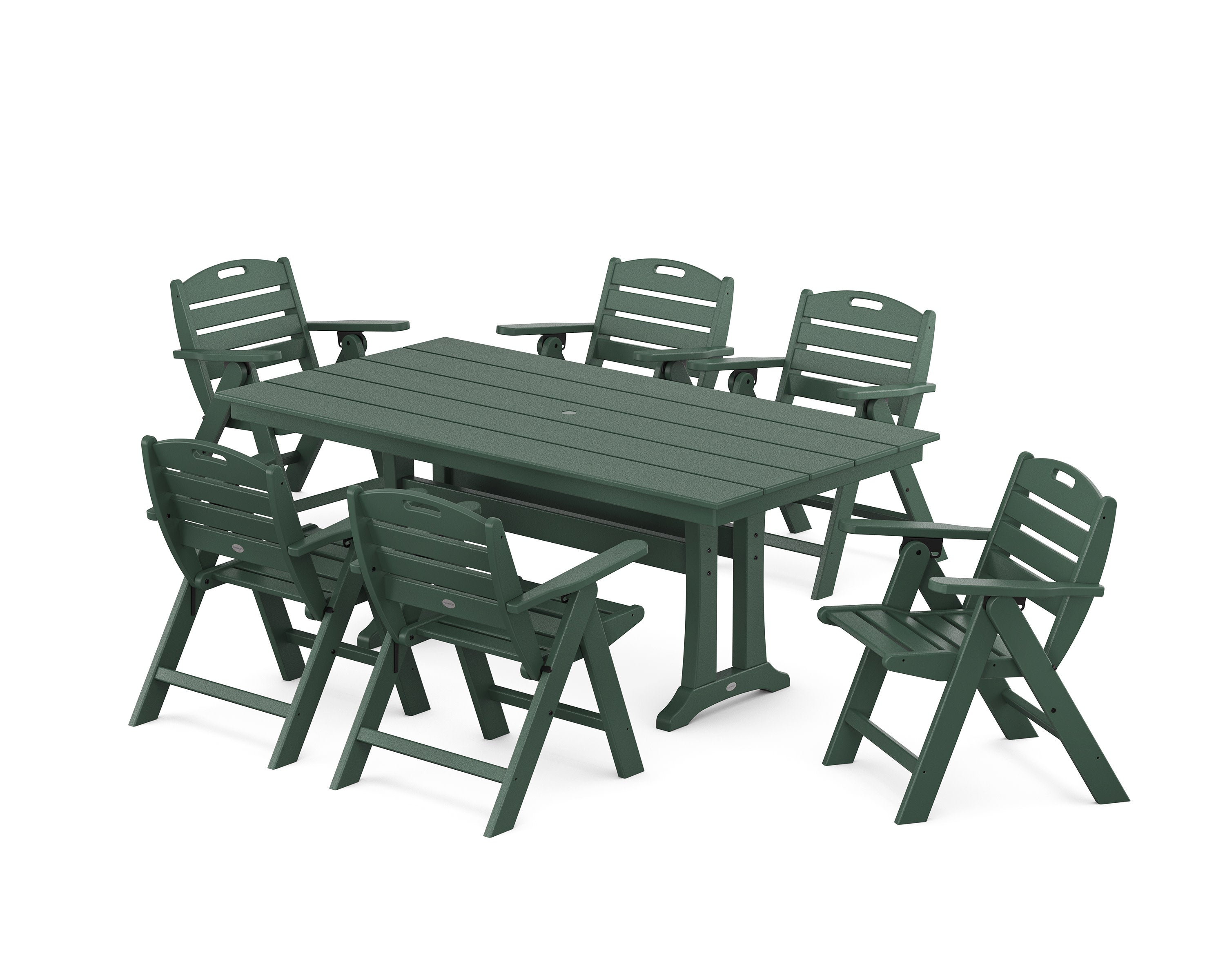 Nautical Lowback 7-Piece Farmhouse Dining Set with Trestle Legs in Green