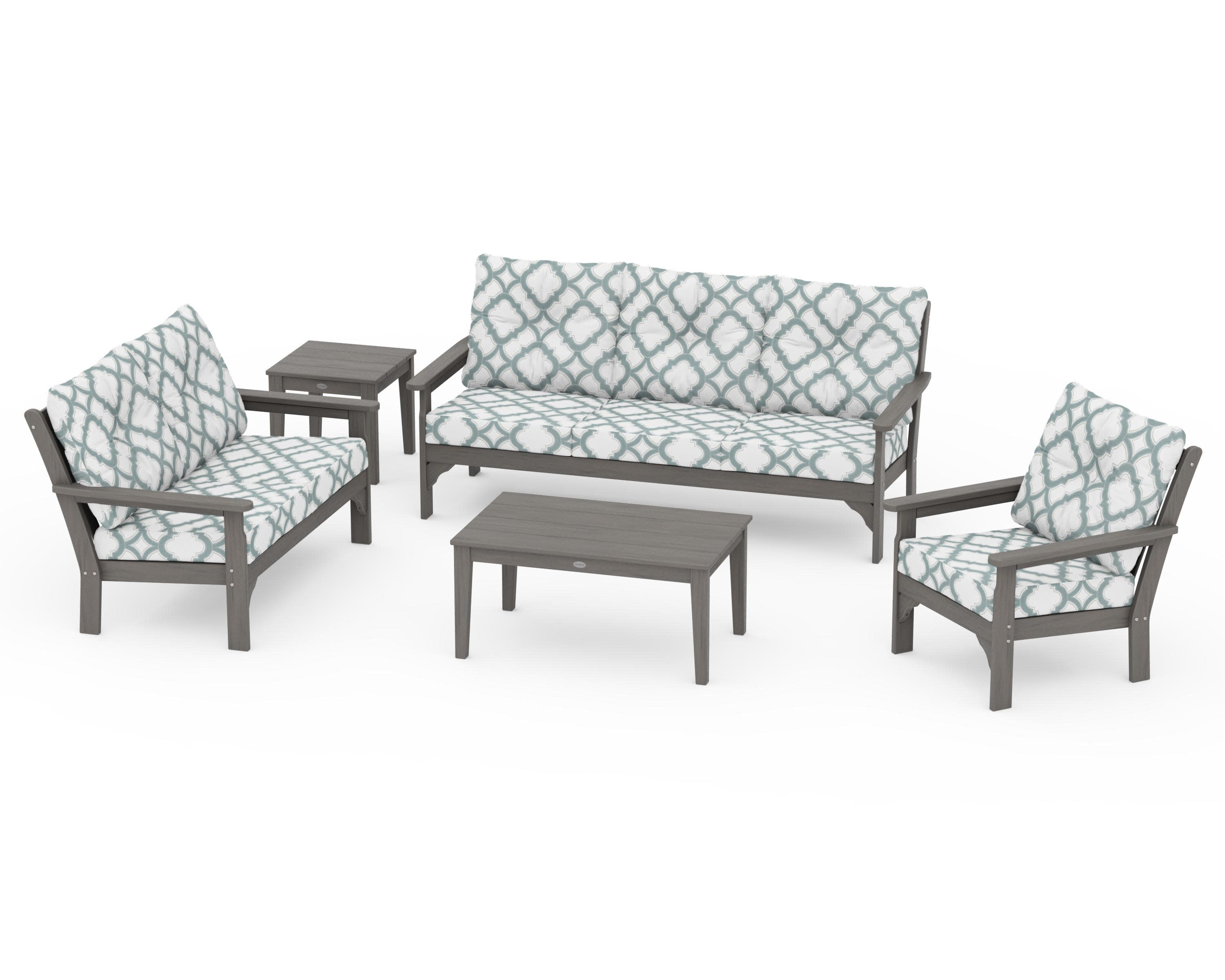 Vineyard 5 Piece Deep Seating Set in Driftwood / Trellis Glacier Spa