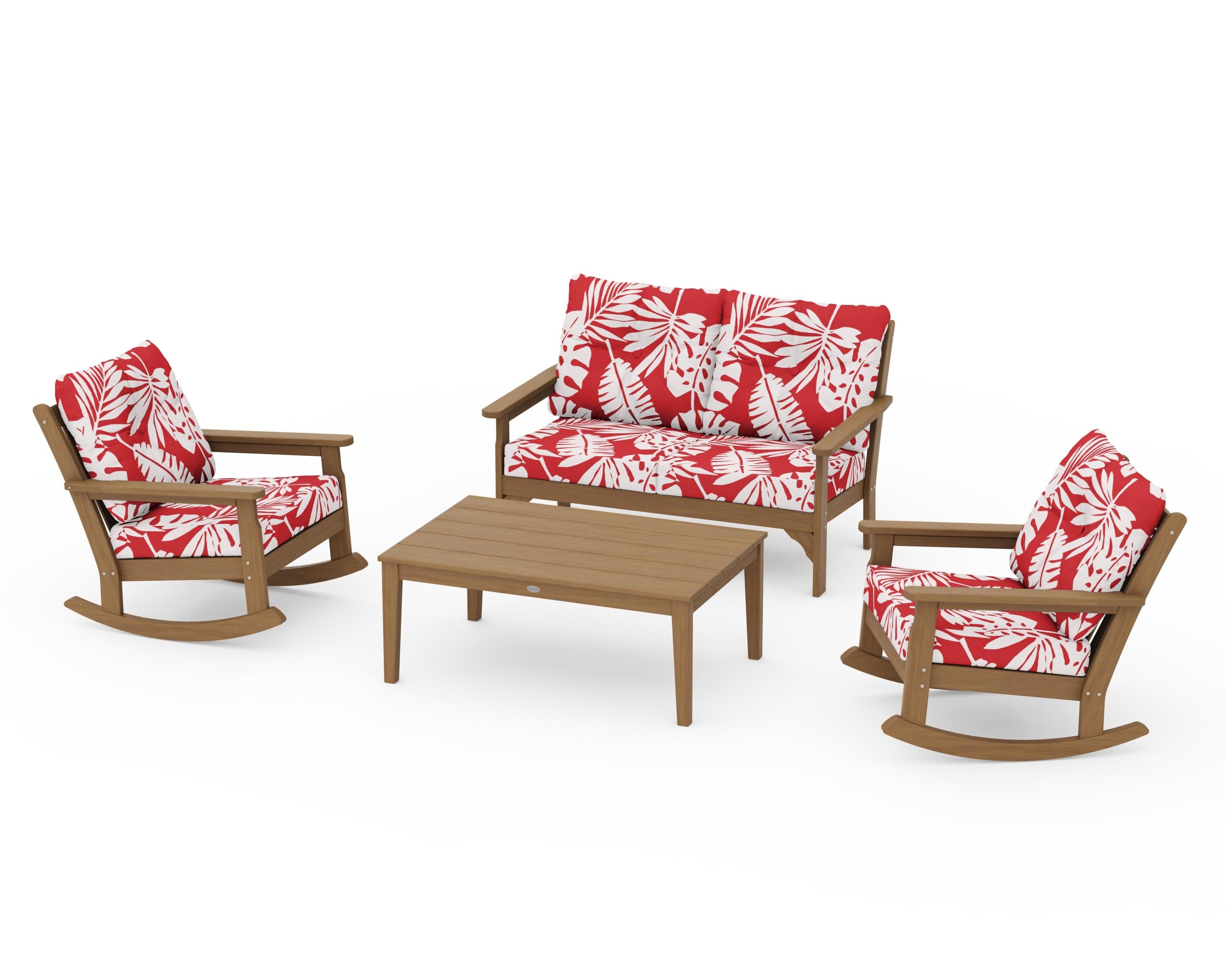 Vineyard 4-Piece Deep Seating Rocking Chair Set in Natural / Leaf Crimson