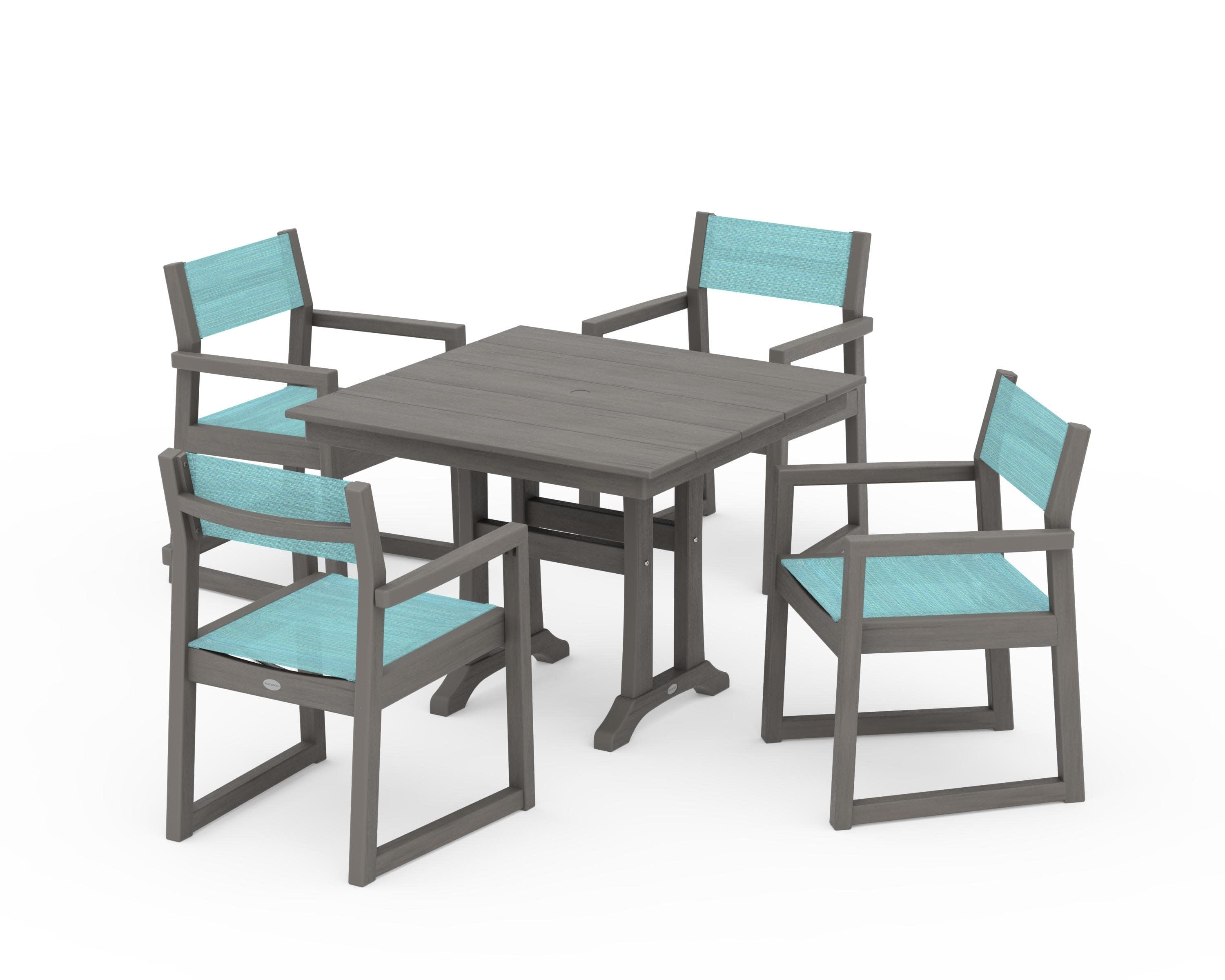EDGE Sling 5-Piece Farmhouse Dining Set with Trestle Legs in Driftwood / Dupioni Aquamarine Sling