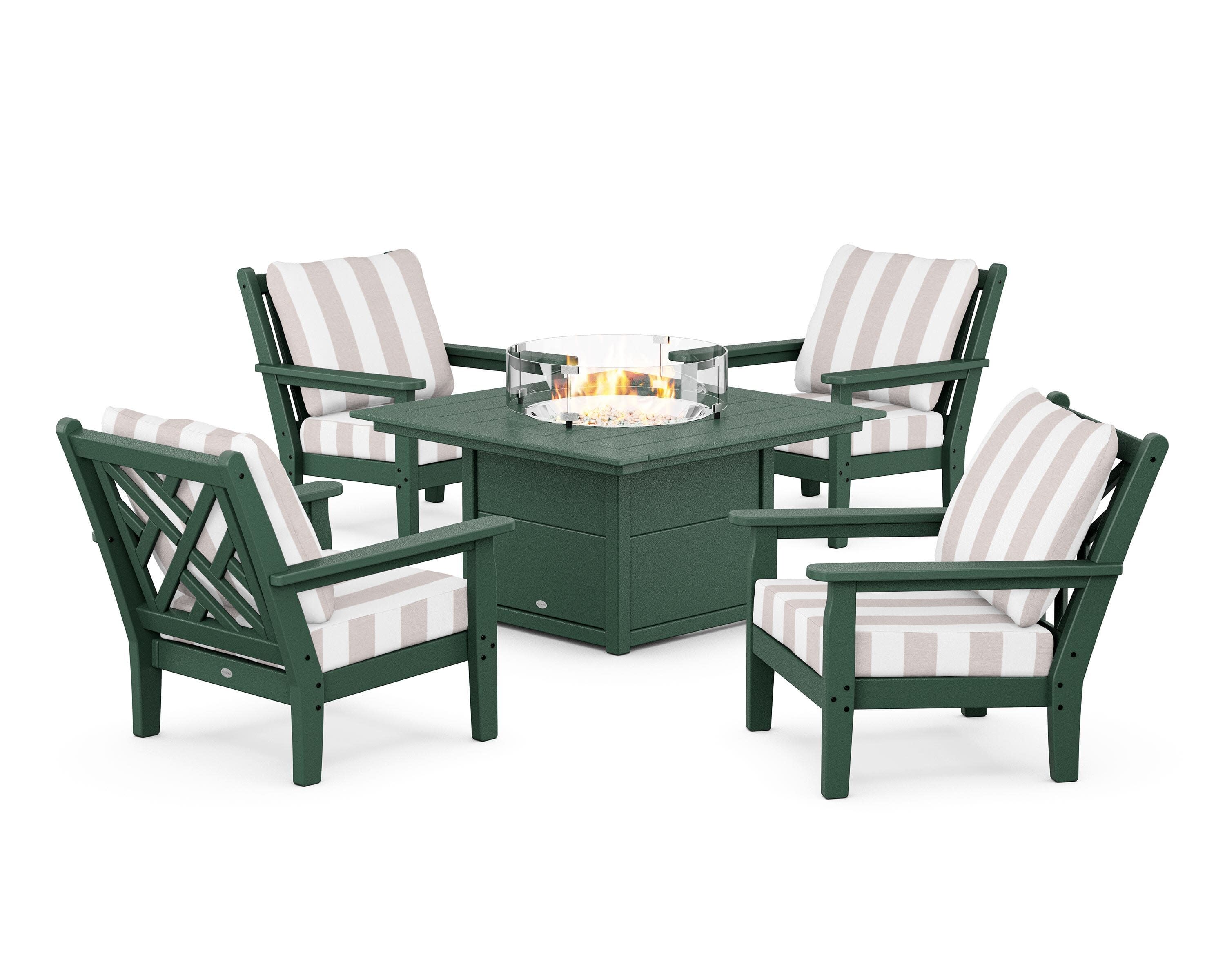 Chippendale 5-Piece Deep Seating Set with Fire Pit Table in Green / Cabana Stripe Dune Burlap