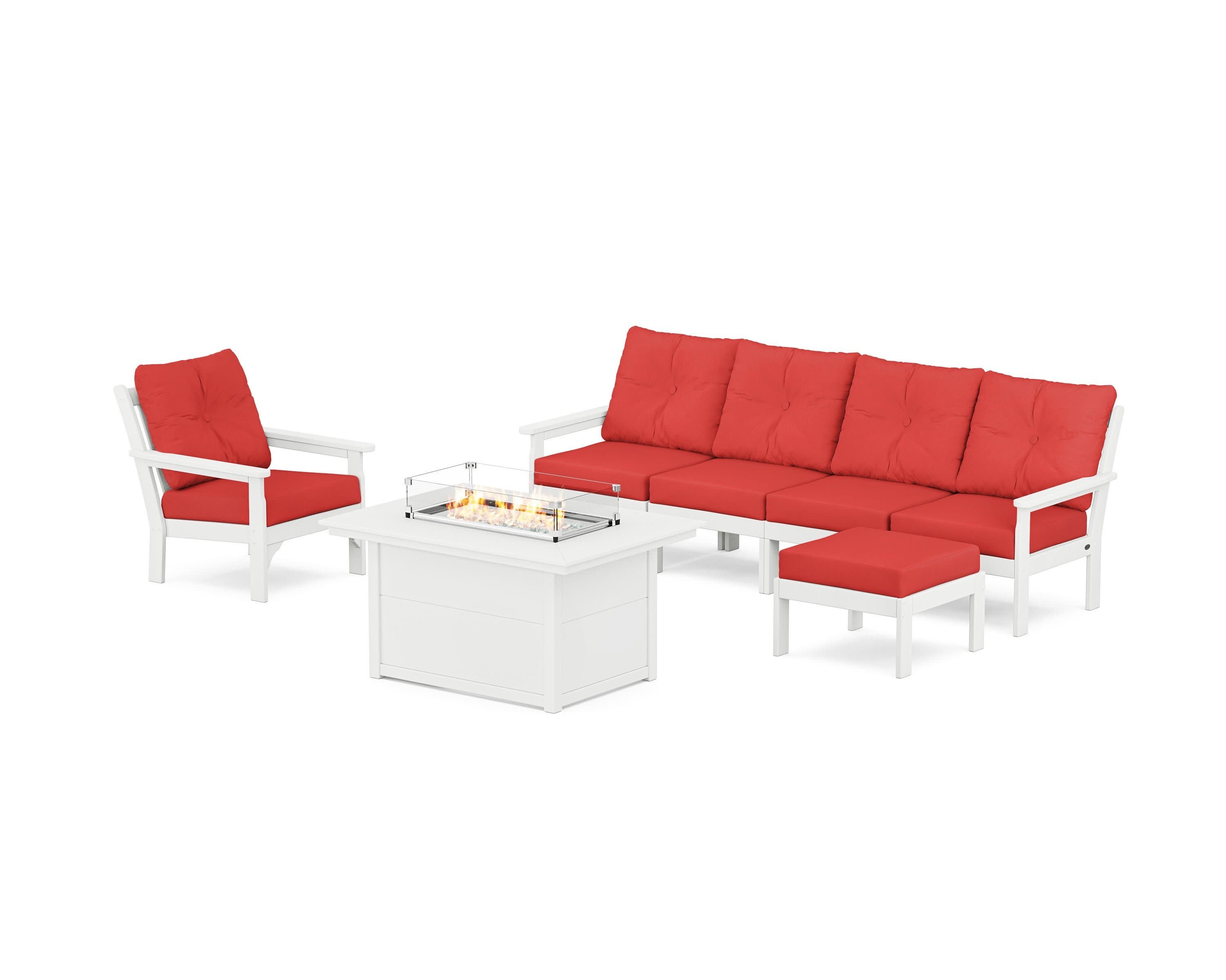 Vineyard Sectional Lounge and Fire Pit Set in White / Crimson Linen