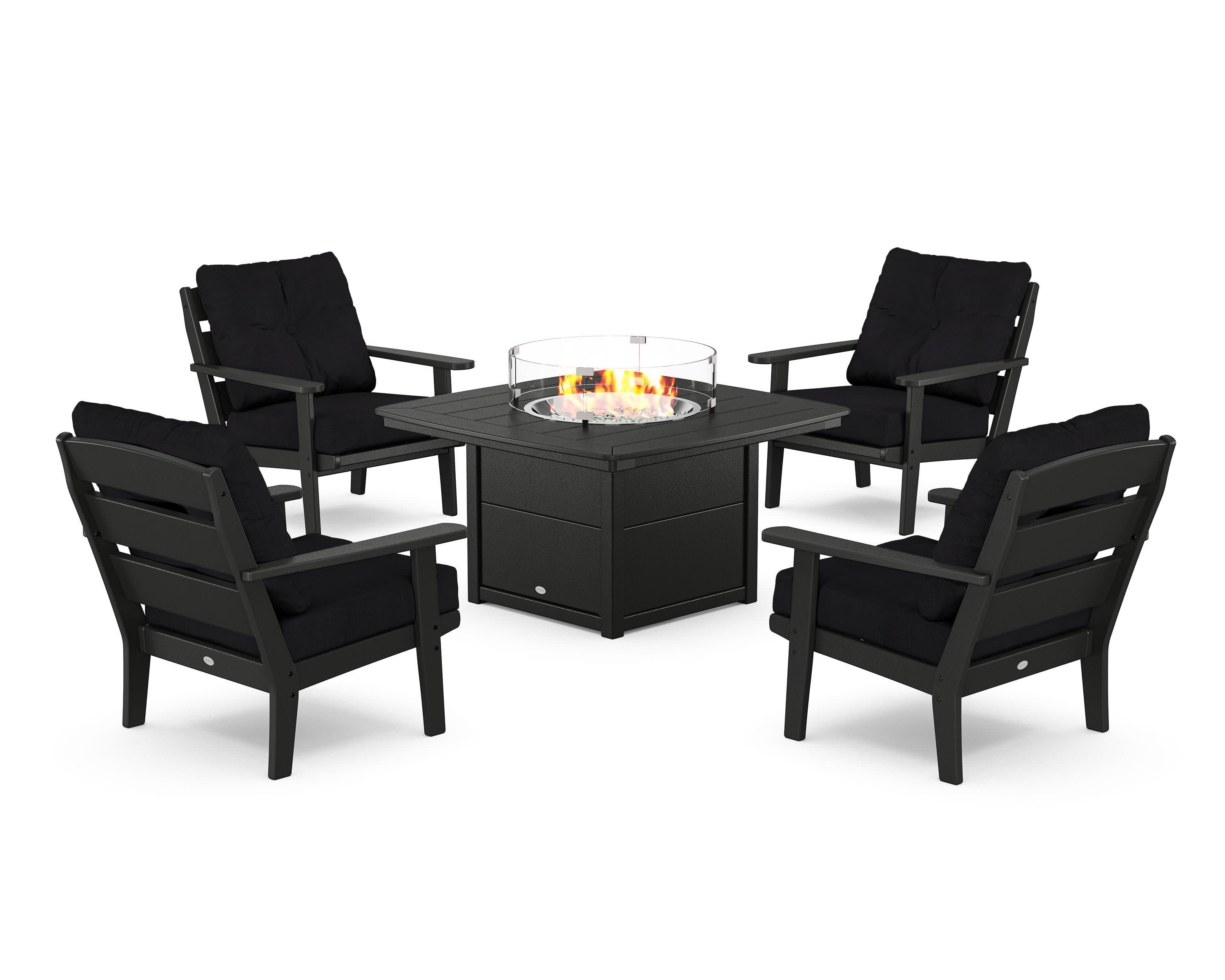 Lakeside 5-Piece Deep Seating Set with Nautical Fire Pit Table in Black / Midnight Linen