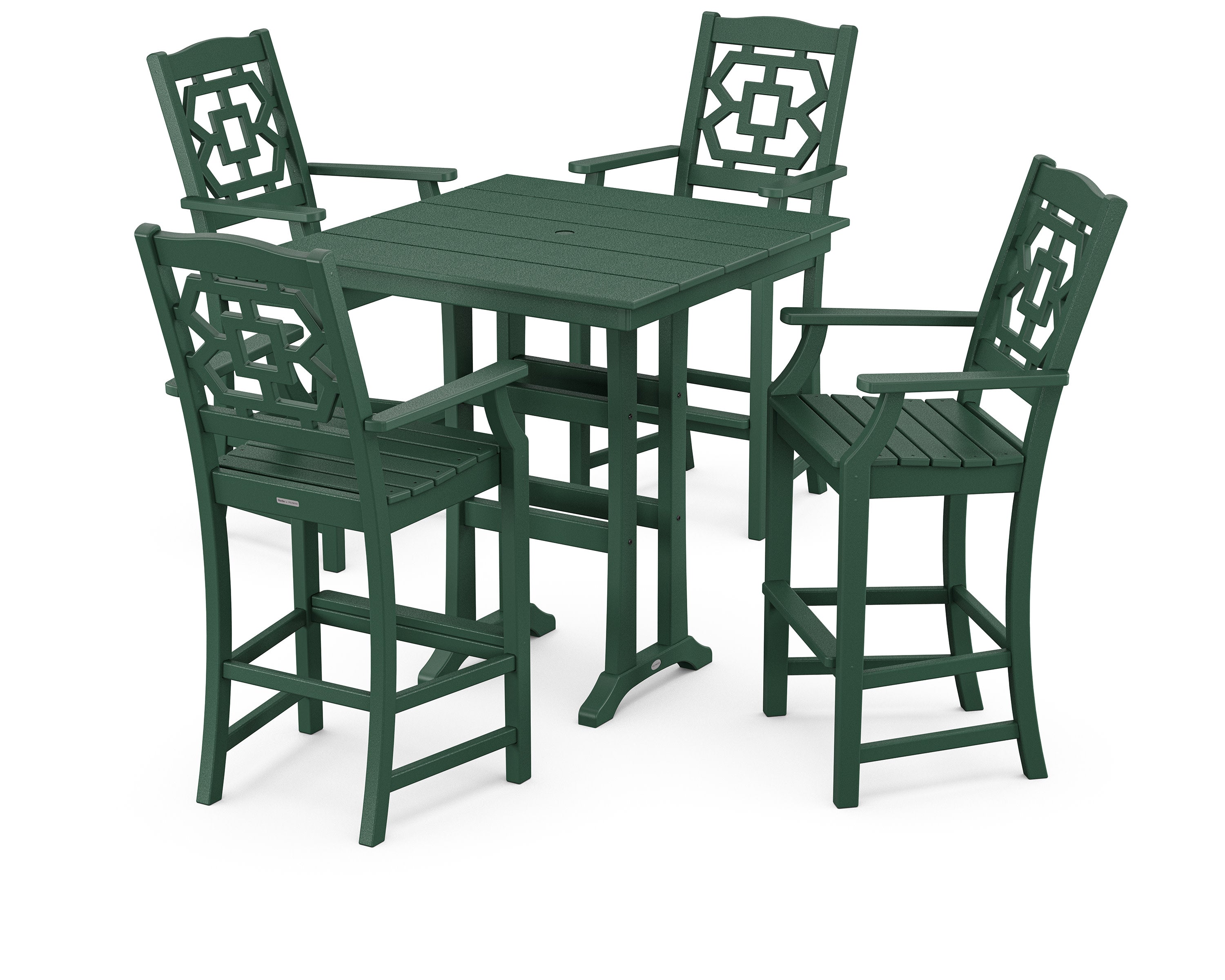Chinoiserie 5-Piece Farmhouse Bar Set with Trestle Legs in Green