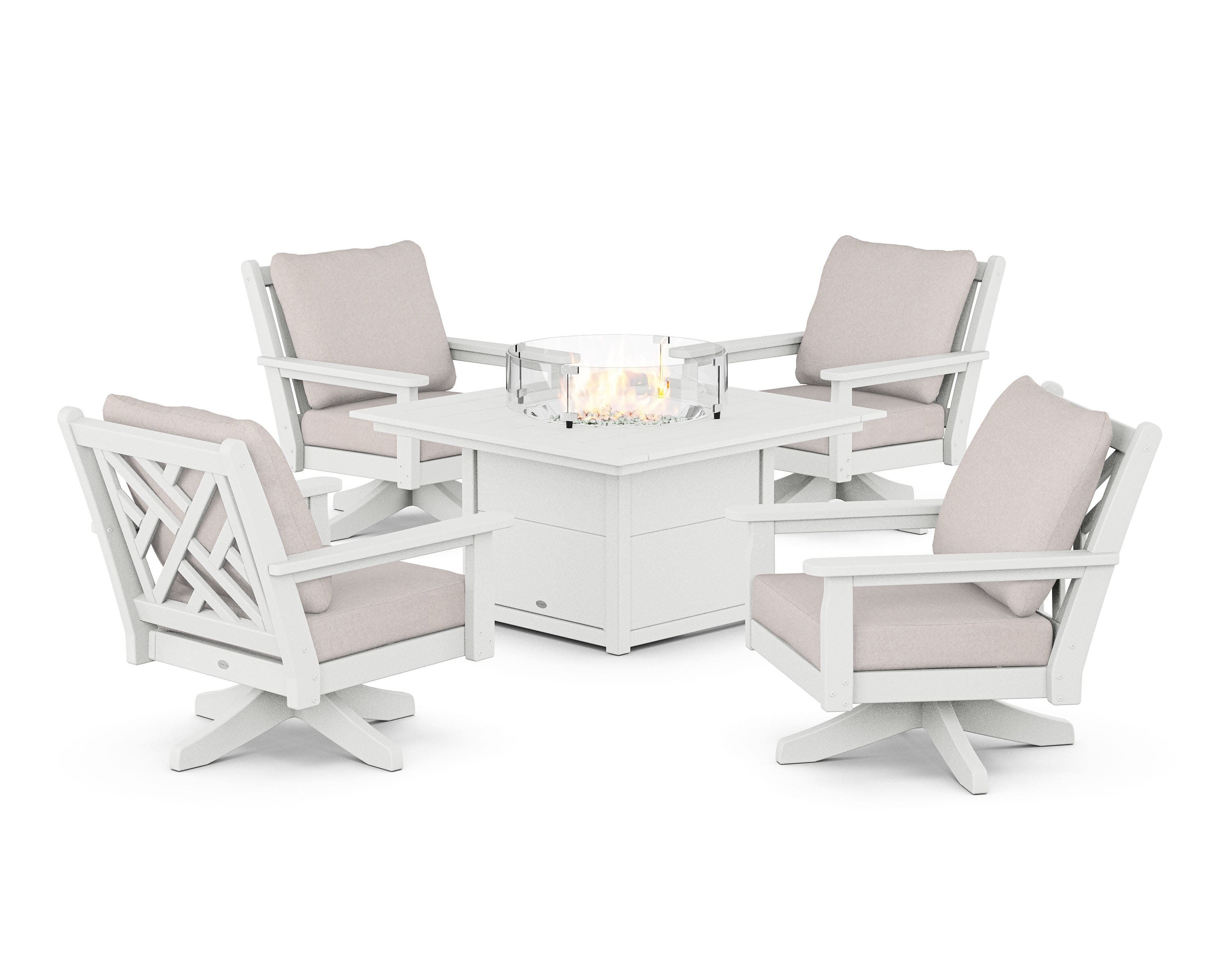 Chippendale 5-Piece Deep Seating Swivel Conversation Set with Fire Pit Table in White / Dune Burlap