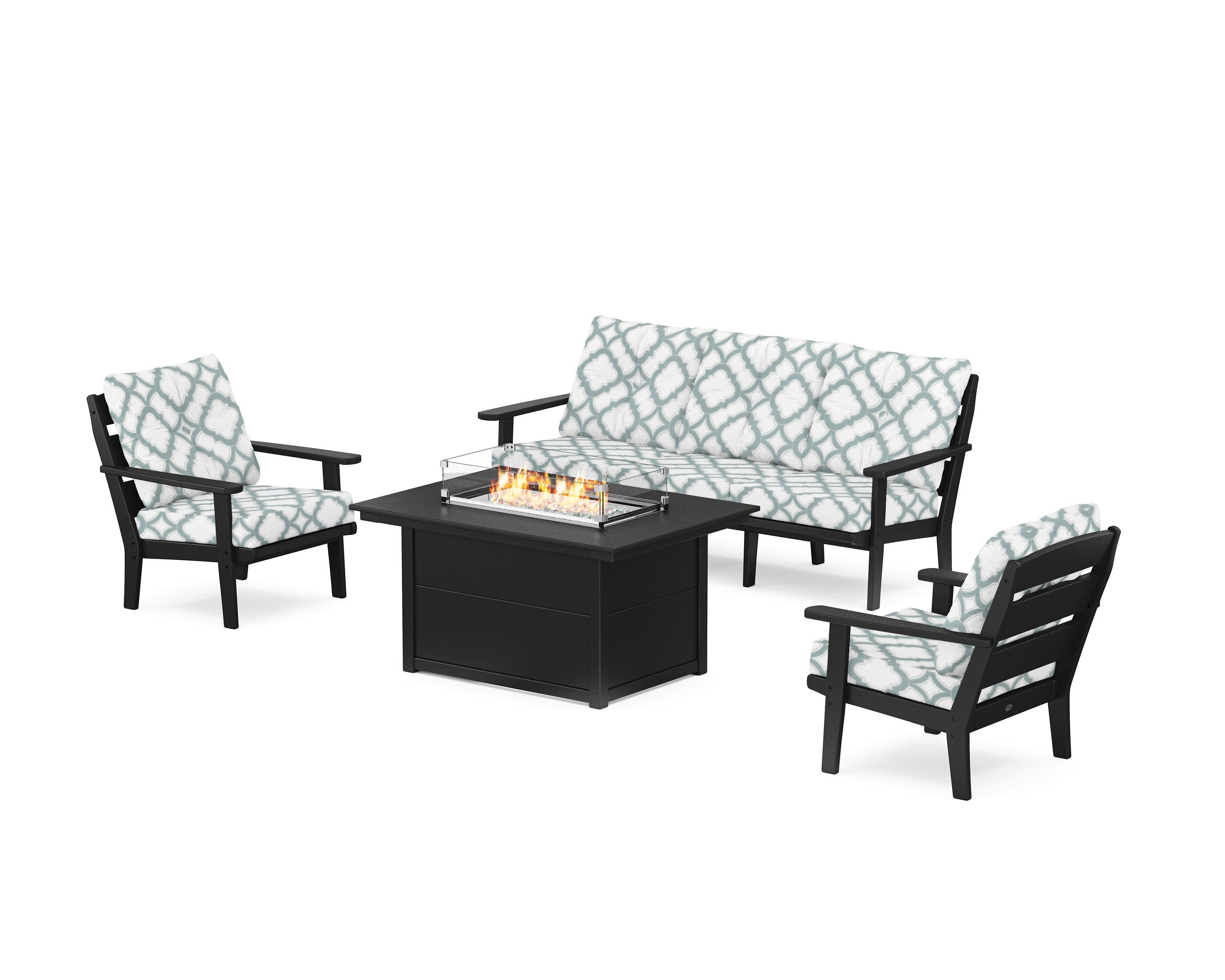 Lakeside Deep Seating Fire Pit Table Set in Black / Trellis Glacier Spa