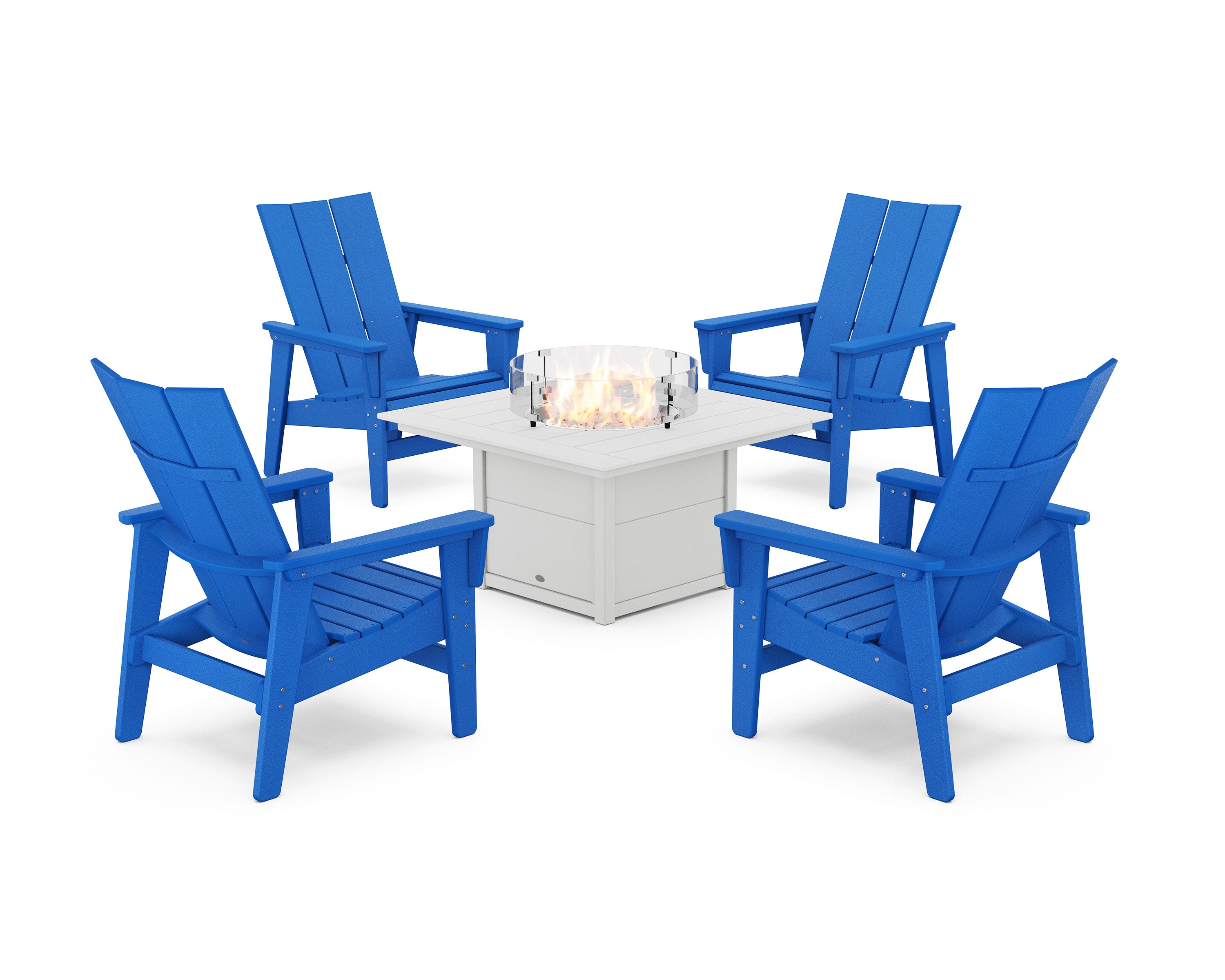 5-Piece Modern Grand Upright Adirondack Conversation Set with Fire Pit Table in Pacific Blue / White