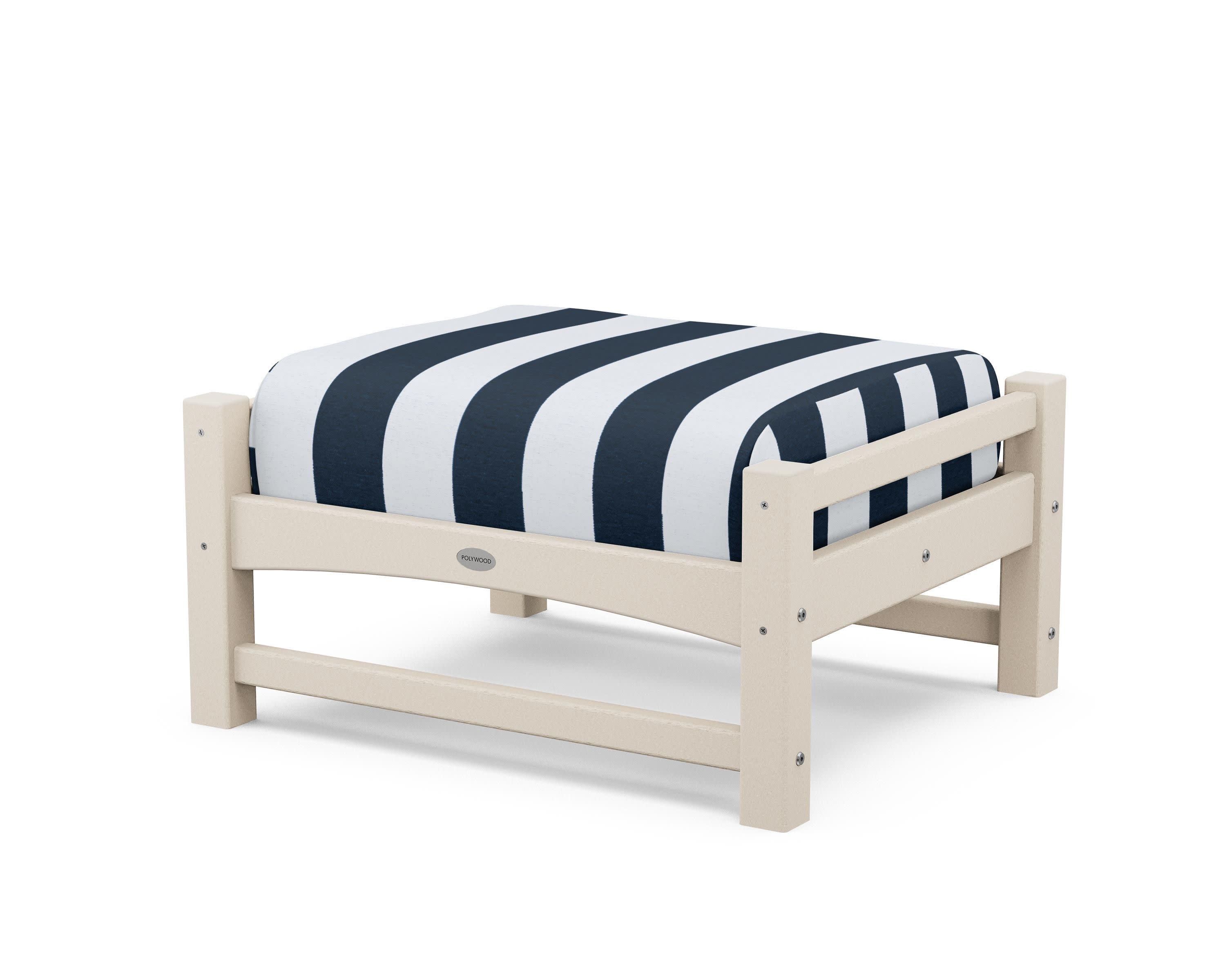 Club Ottoman in Sand / Cabana Stripe Marine Indigo