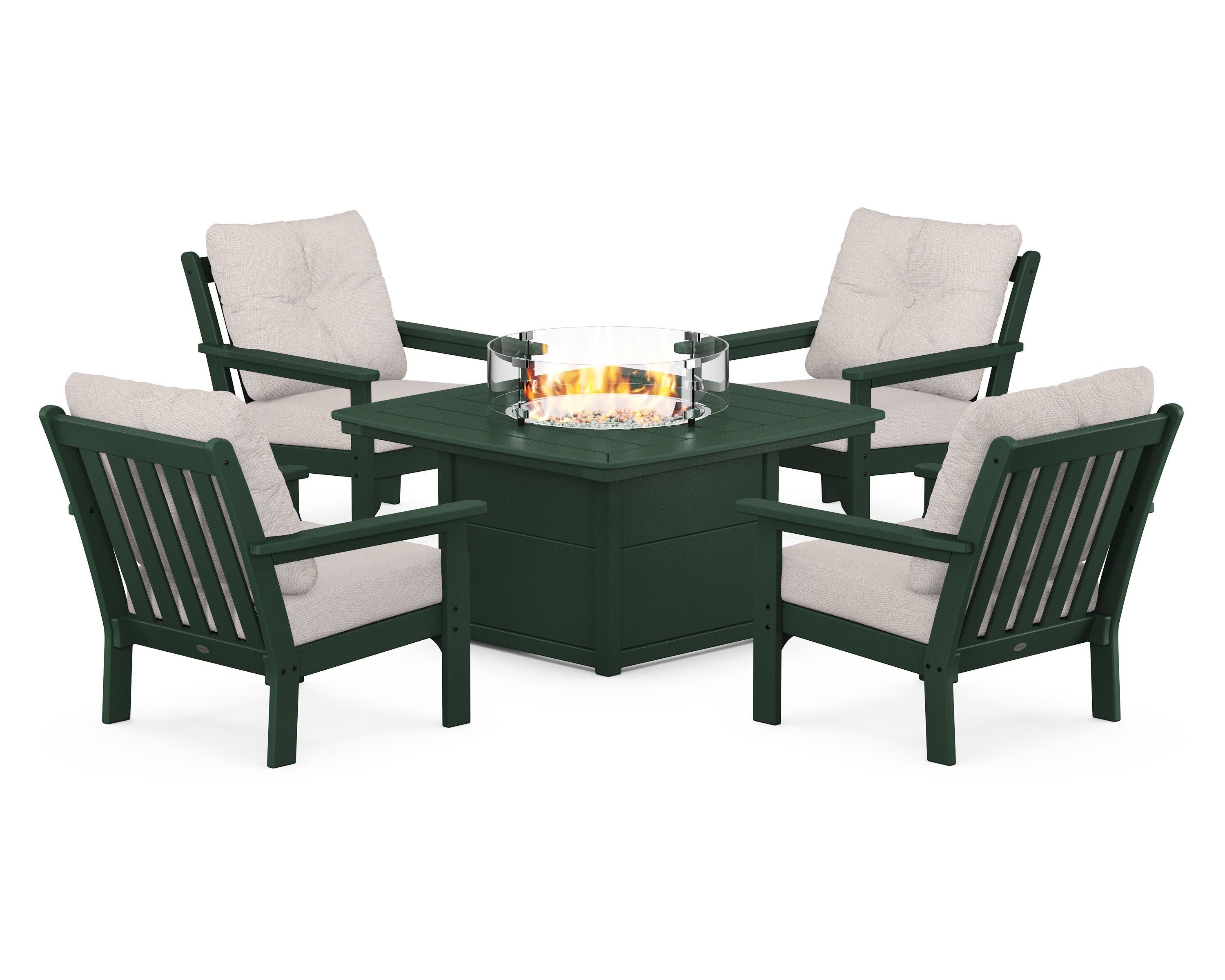 Vineyard 5-Piece Conversation Set with Fire Pit Table in Green / Dune Burlap