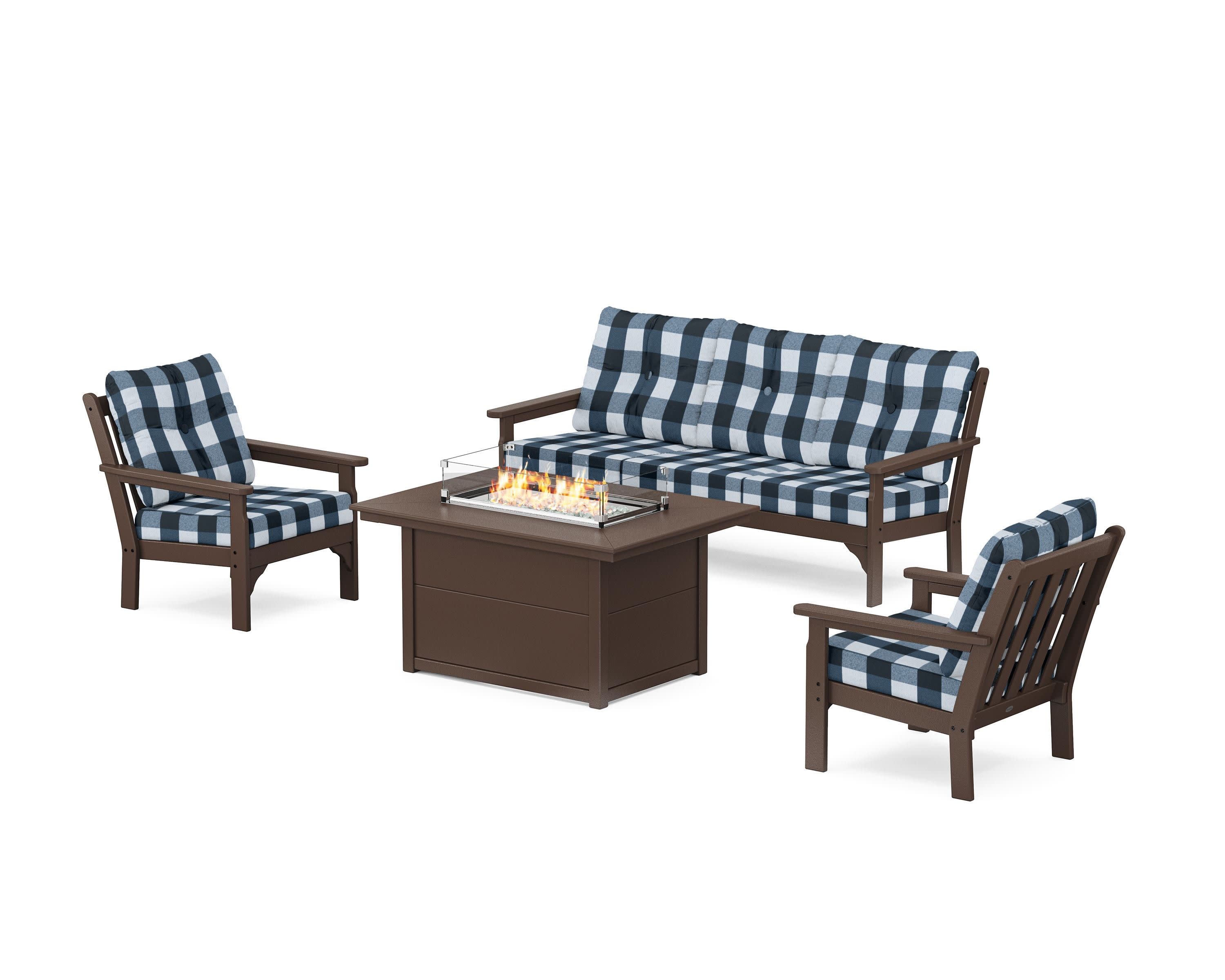 Vineyard Deep Seating Fire Pit Table Set in Mahogany / Buffalo Plaid Marine Indigo