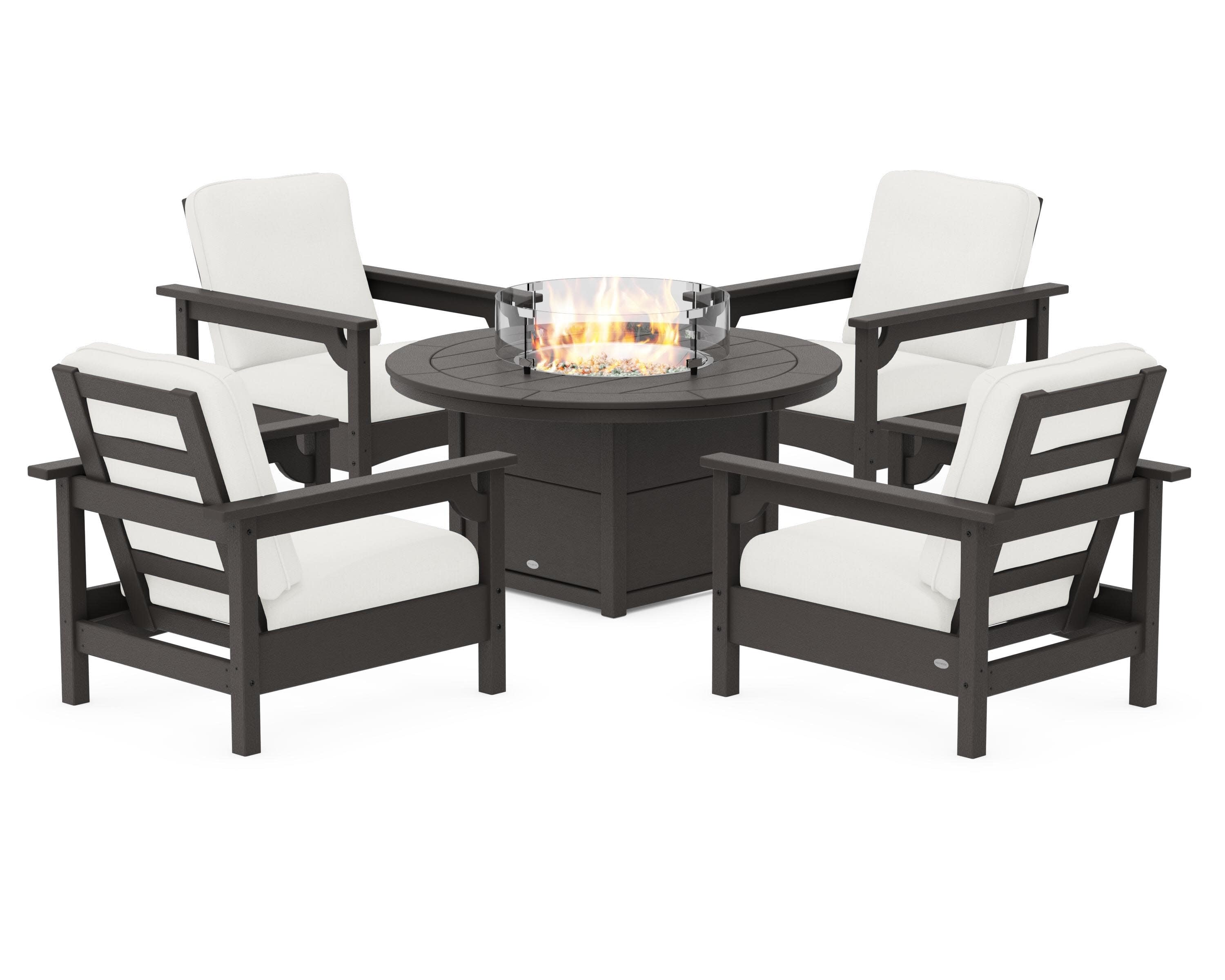 Club 5-Piece Conversation Set with Fire Pit Table in Vintage Coffee / Natural Linen