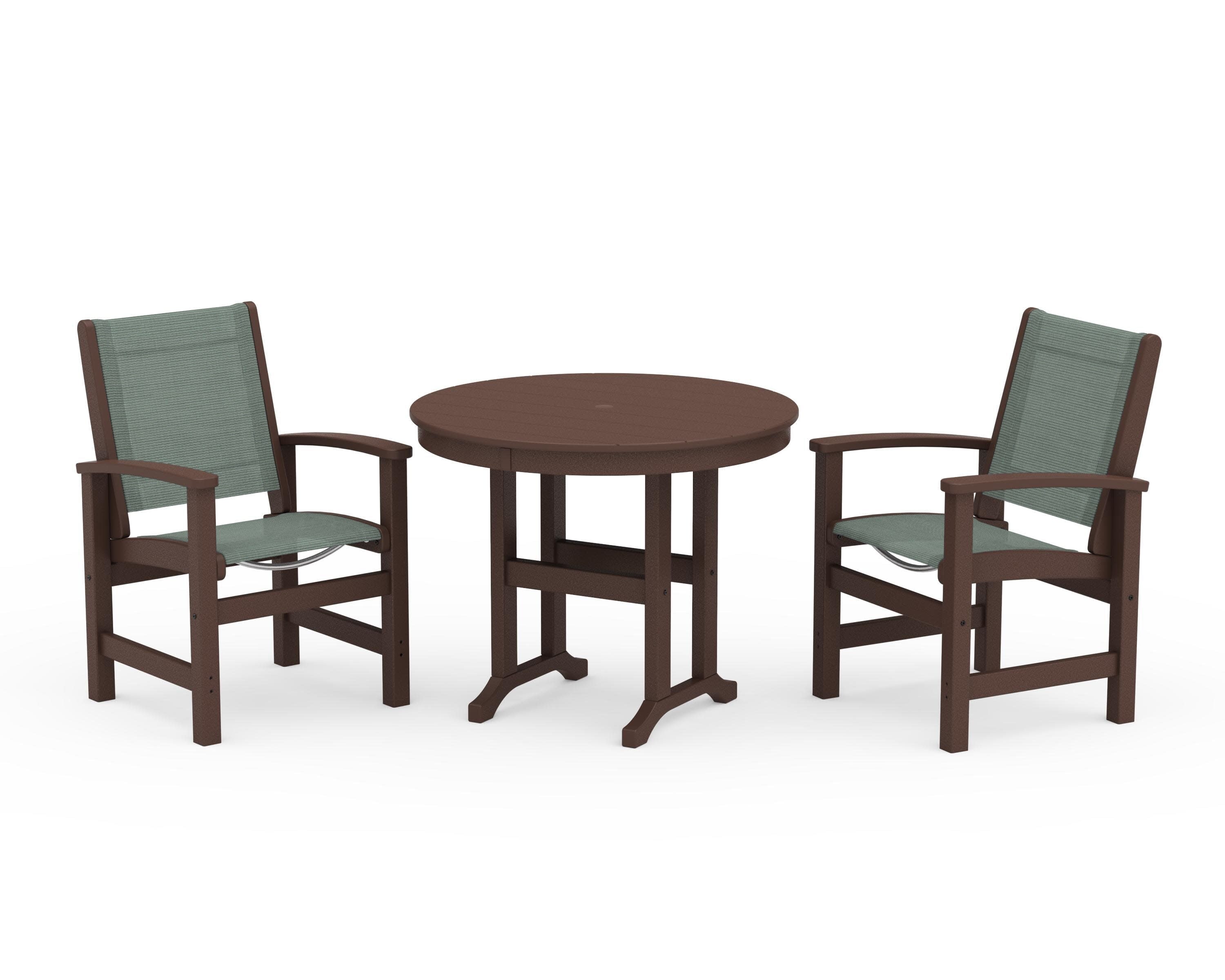 Coastal 3-Piece Round Dining Set in Mahogany / Dupioni Sea Mist Sling