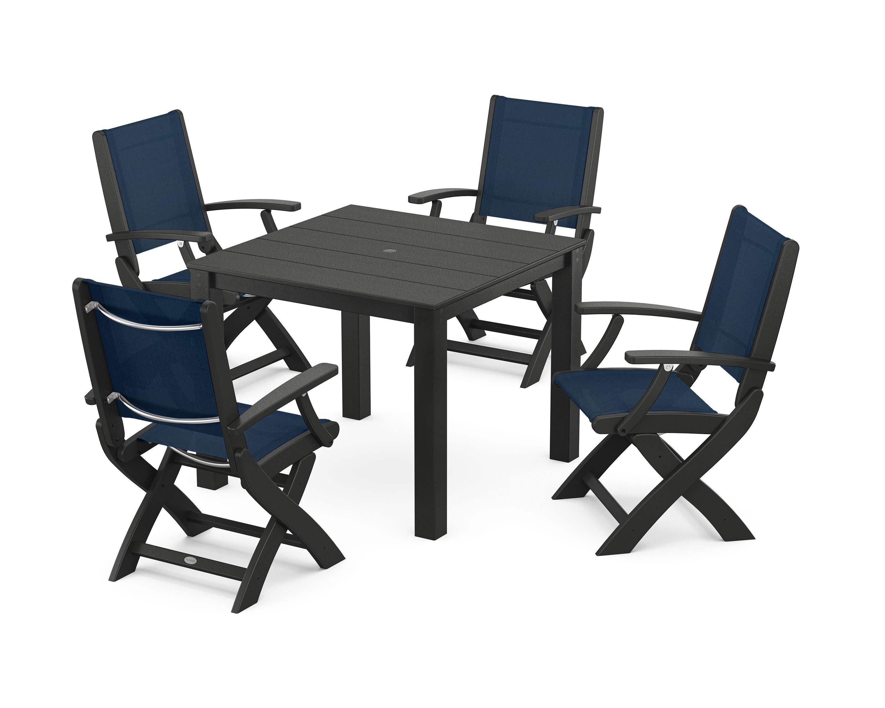 Coastal Folding Chair 5-Piece Parsons Dining Set in Black / Navy Blue Sling
