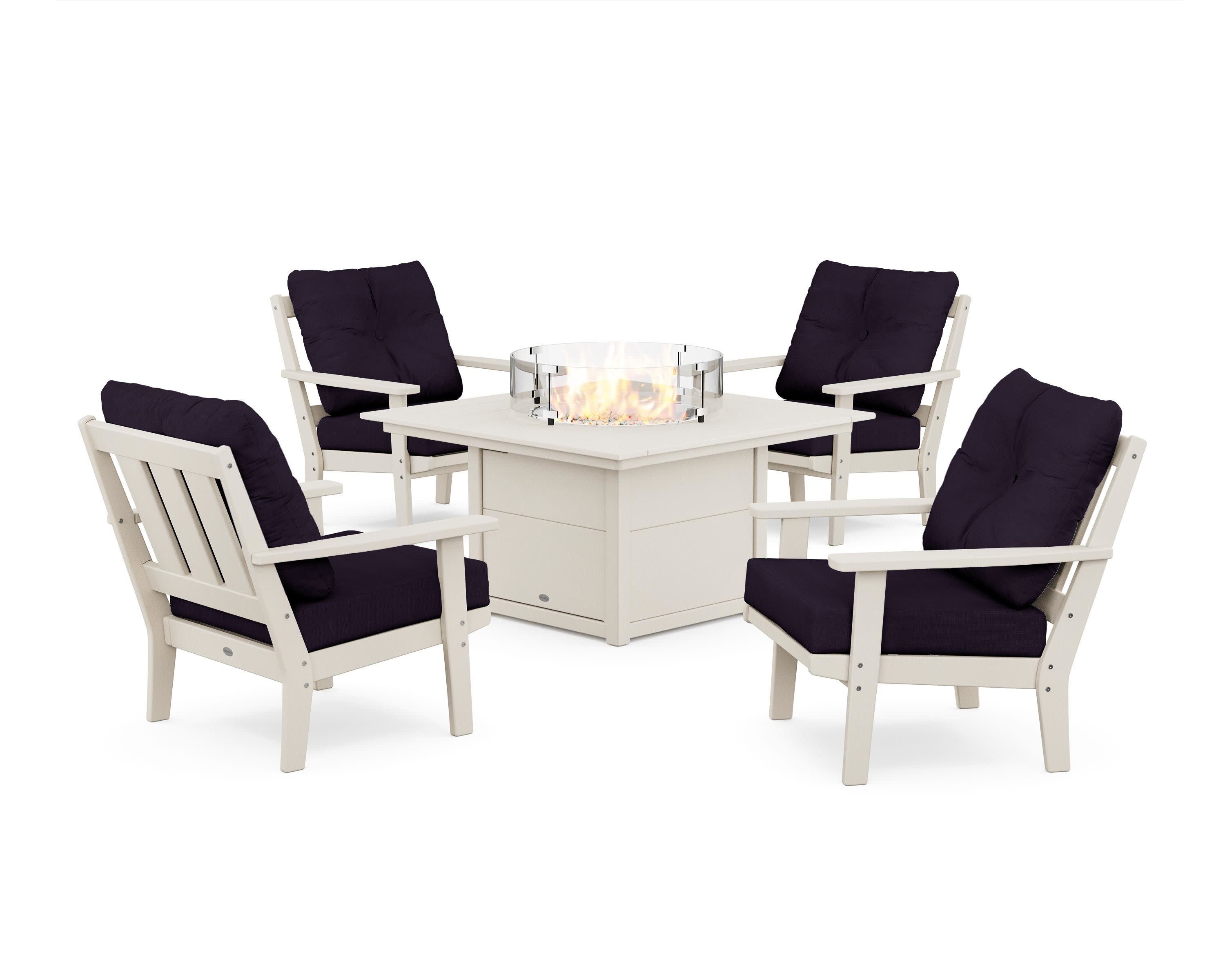 Oxford 5-Piece Deep Seating Set with Fire Pit Table in Sand / Navy Linen