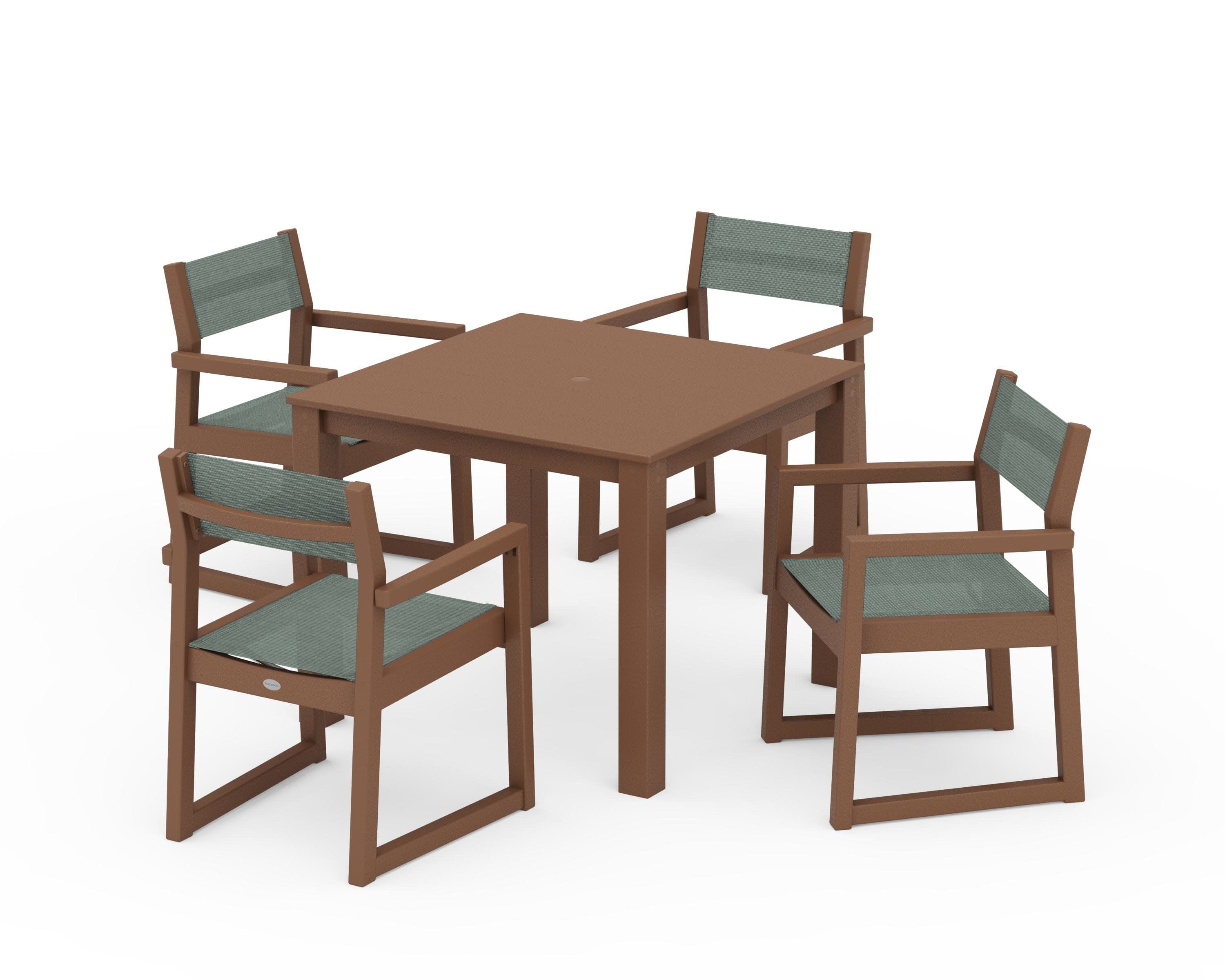 EDGE Sling Arm Chair 5-Piece Parsons Dining Set in Teak / Dupioni Sea Mist Sling